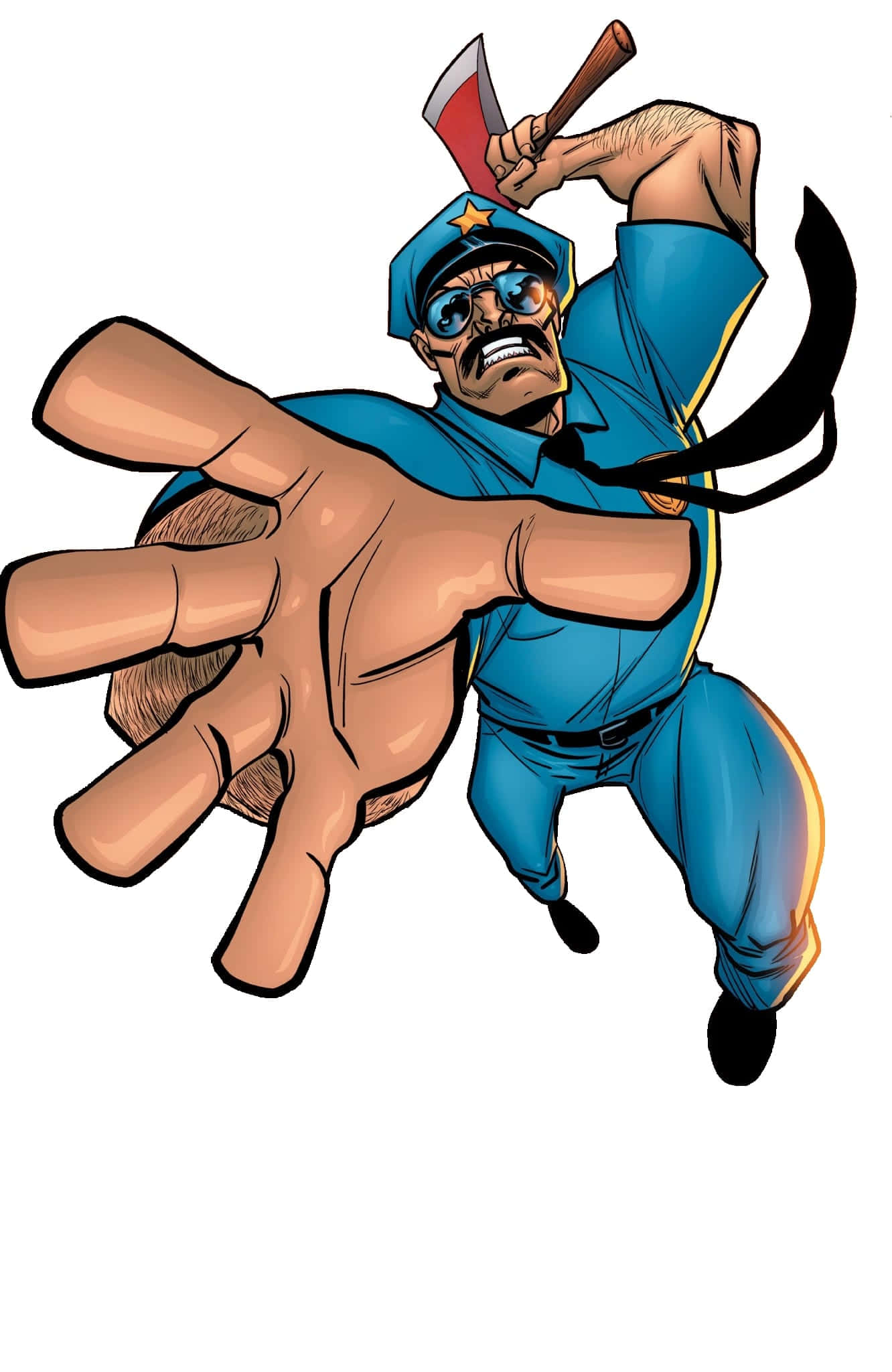 Axe Cop 持火斧 壁紙 — 一名穿著藍色制服嘅卡通警察揮動斧頭，同時一隻巨手從下面抓住佢。