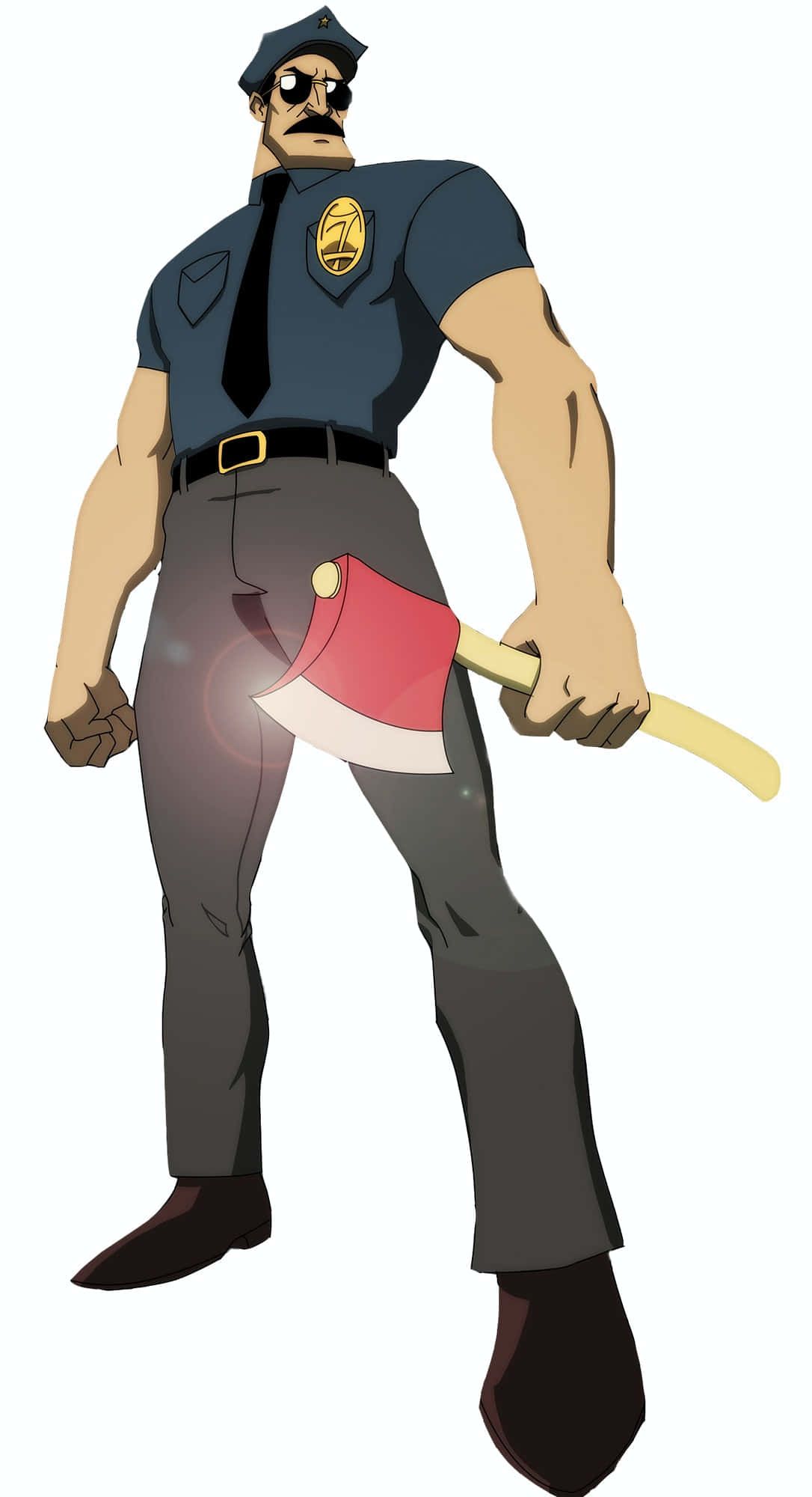 Axe Cop 充滿衝勁投入戰鬥 壁紙 — 一個肌肉發達的卡通警察，留著鬍子，戴著太陽眼鏡，自信地站著，手持一把發光的斧頭。