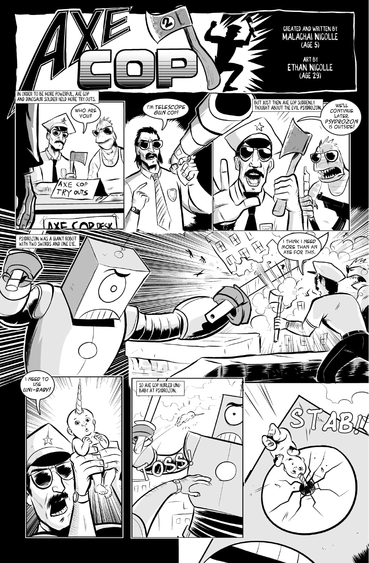 Axe Cop 在漫畫格中與一隻抱著獨角獸寶寶的巨型機械人戰鬥。