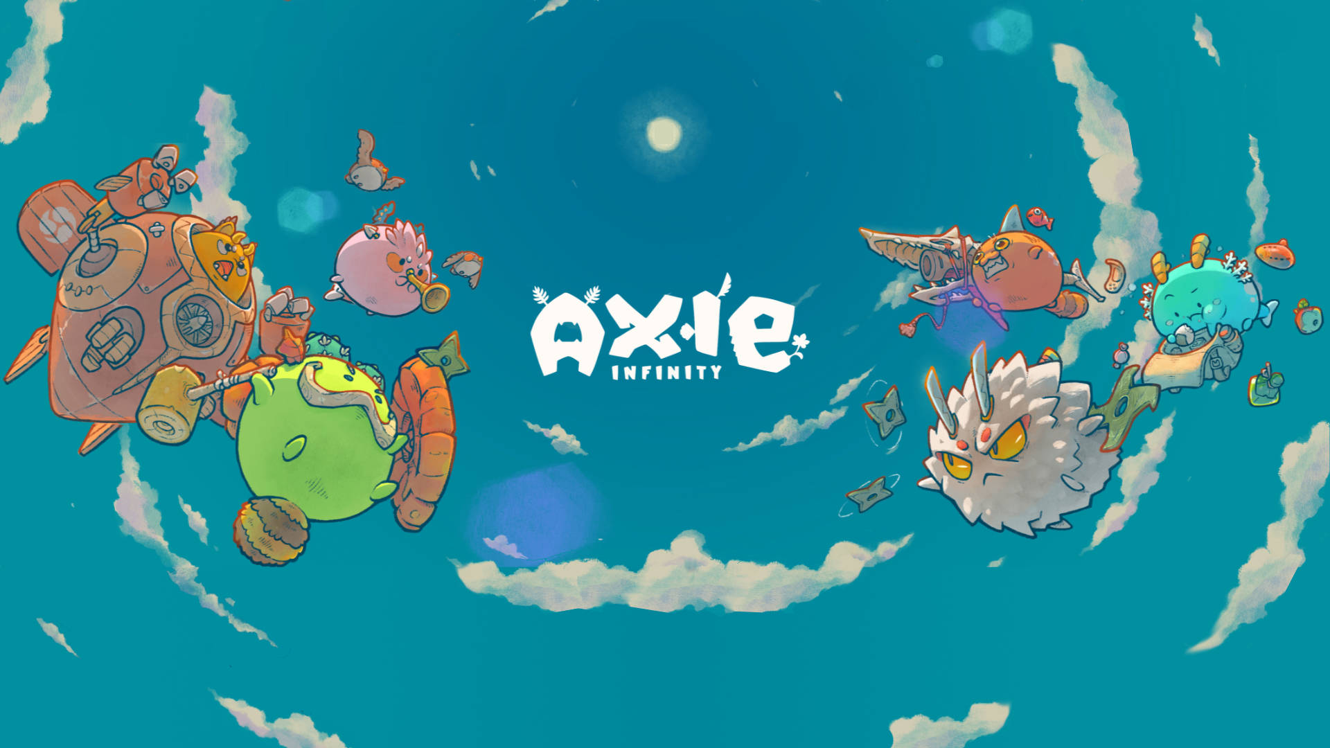 Axie Infinity 卡通封面 壁紙 — 色彩繽紛的Axie Infinity生物在帶有 fluffy 雲朵和發光球體的青綠色天空中飛翔。