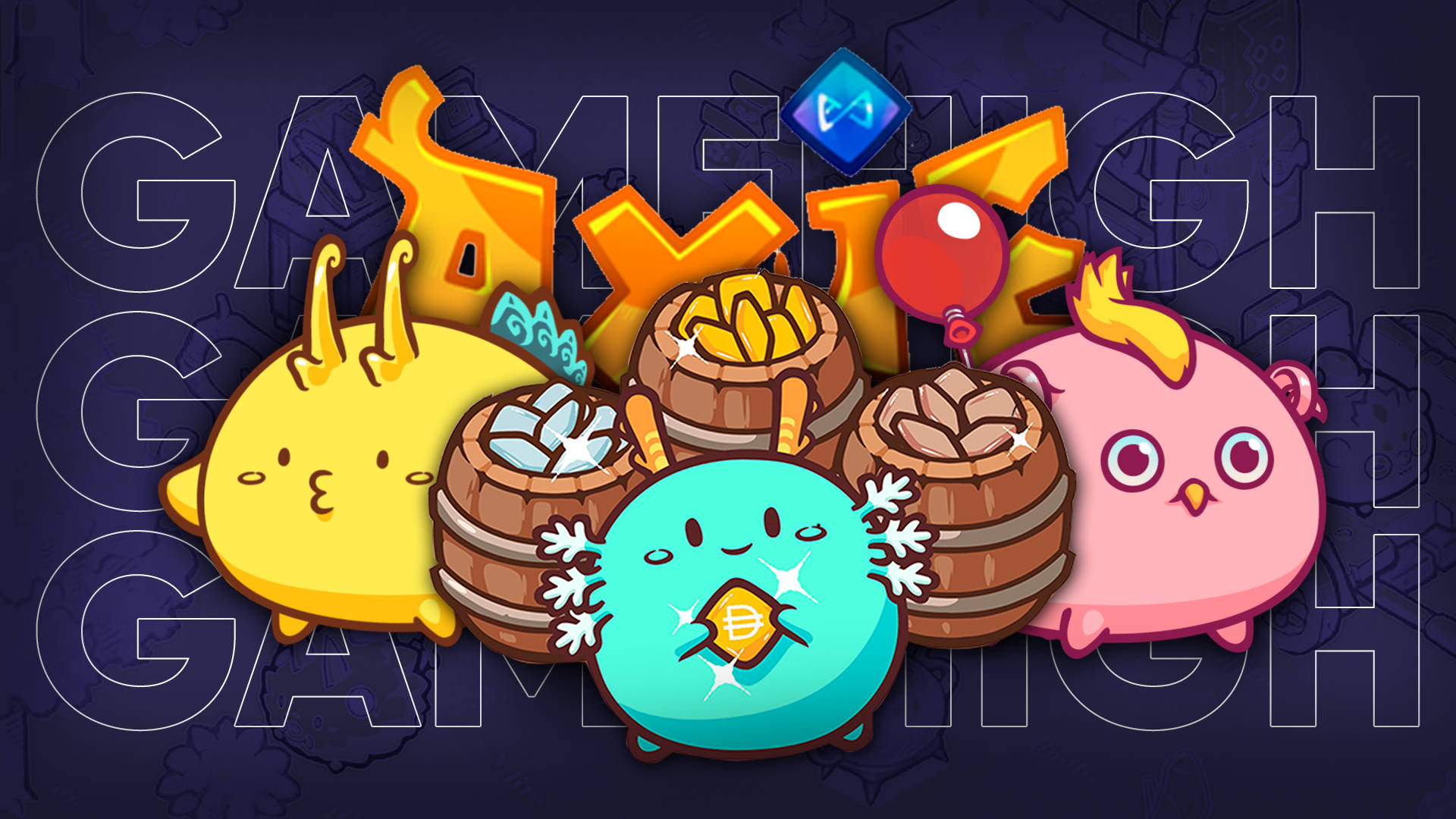 Axie Infinity 數位2D封面 壁紙 — 可愛卡通生物配雪花和寶箱，深色背景上有「GAME HIGH」文字。