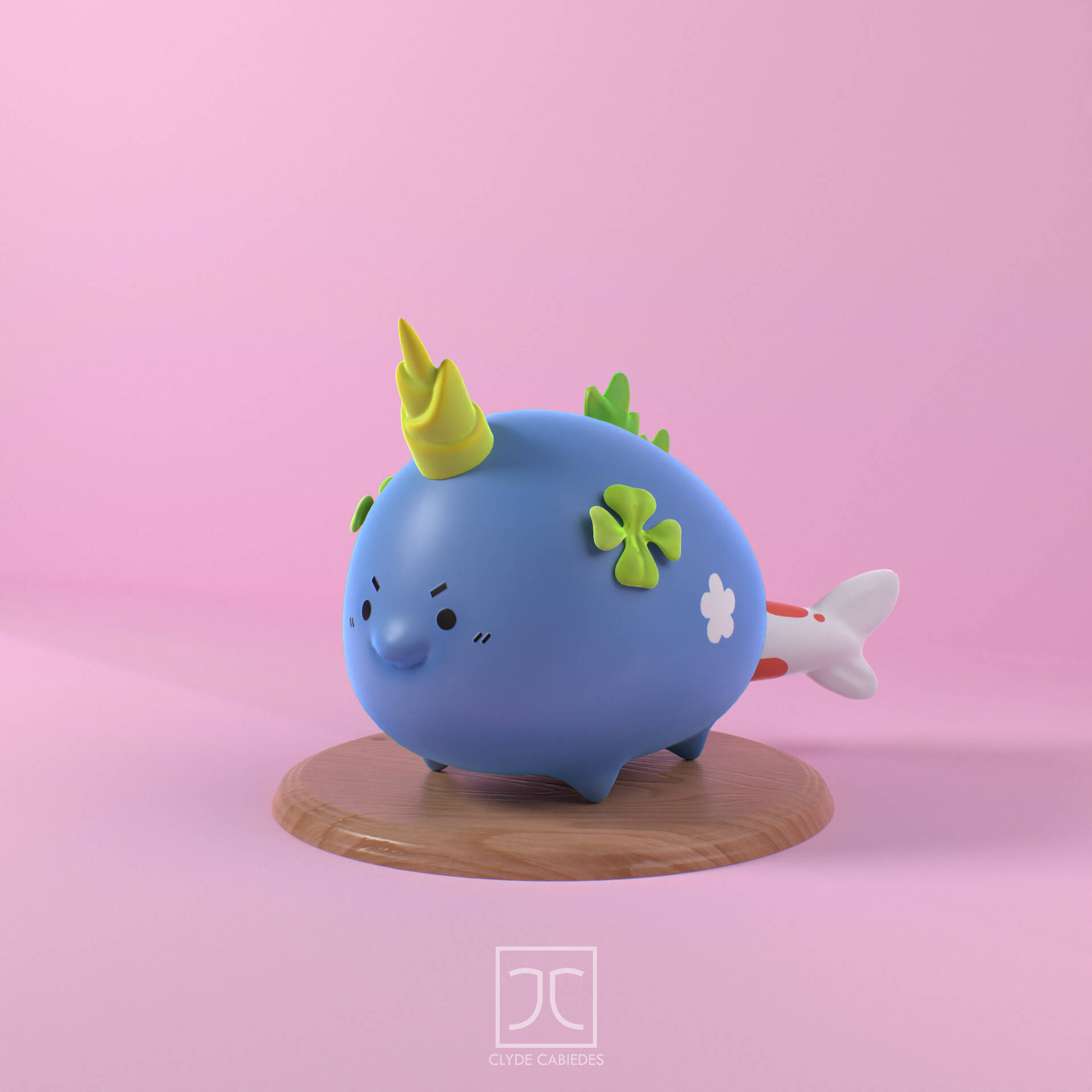 Axie Infinity 水生角色手辦 壁紙 — 一個可愛的藍色3D渲染獨角鯨公仔，有黃色角和綠色三葉草，站在木底座上，背景是柔和的粉紅色。