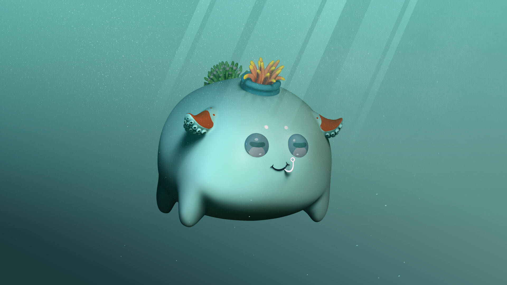 Axie Infinity 水藍角色 壁紙 — 一個可愛的胖乎乎的水下生物，頭上有珊瑚，在帶有陽光的藍綠色海水中平靜地漂浮。