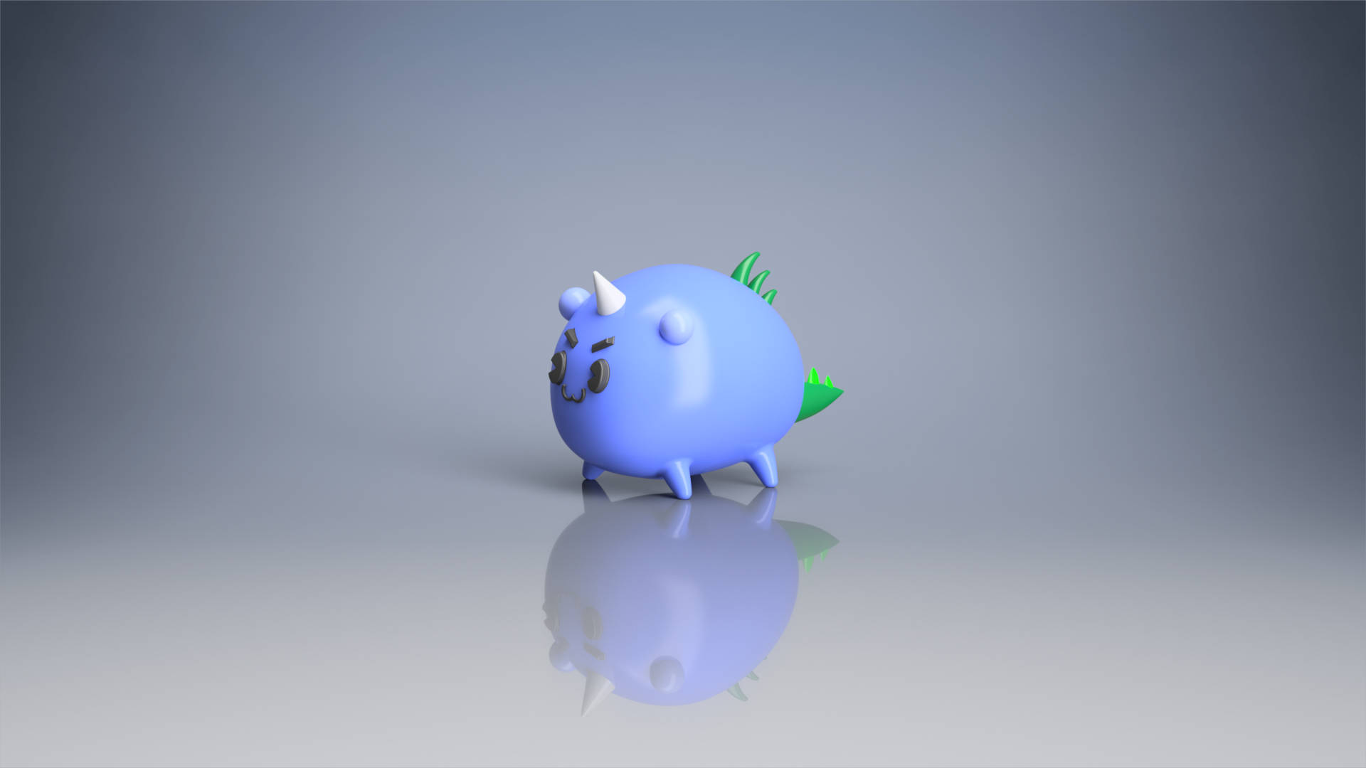 Axie Infinity 水藍角色手辦 壁紙 — 一個可愛的藍色3D渲染生物，有白色角和綠色尖刺，站在反光的灰色表面上。