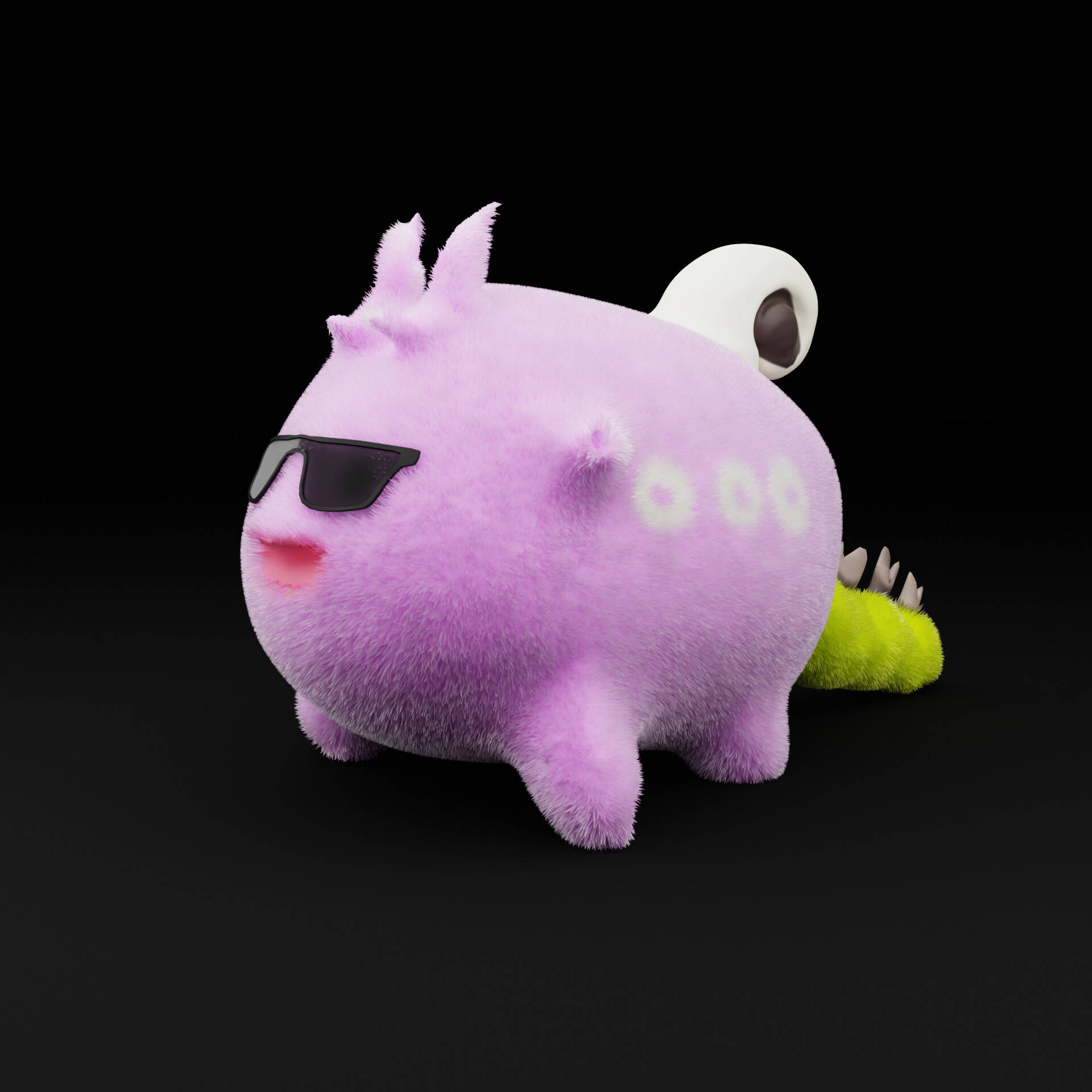 Axie Infinity 角色毛絨玩具 壁紙 — 一個毛茸茸的紫色3D渲染生物，戴著太陽眼鏡和綠色尾巴，自信地站在黑色背景前。