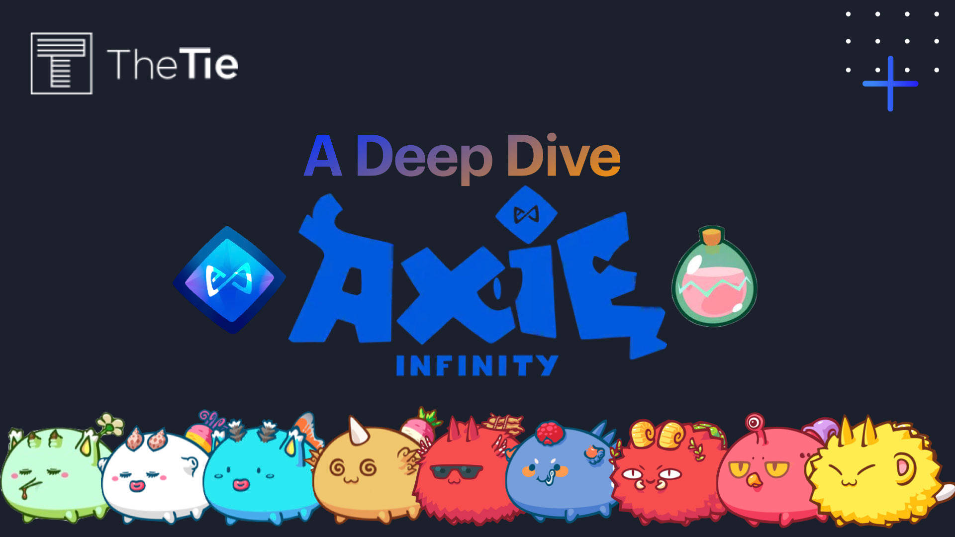 Axie Infinity 遊戲數位封面 壁紙 — 一排色彩繽紛的Axie Infinity生物，表情豐富，配戴獨特配件，背景為深色。