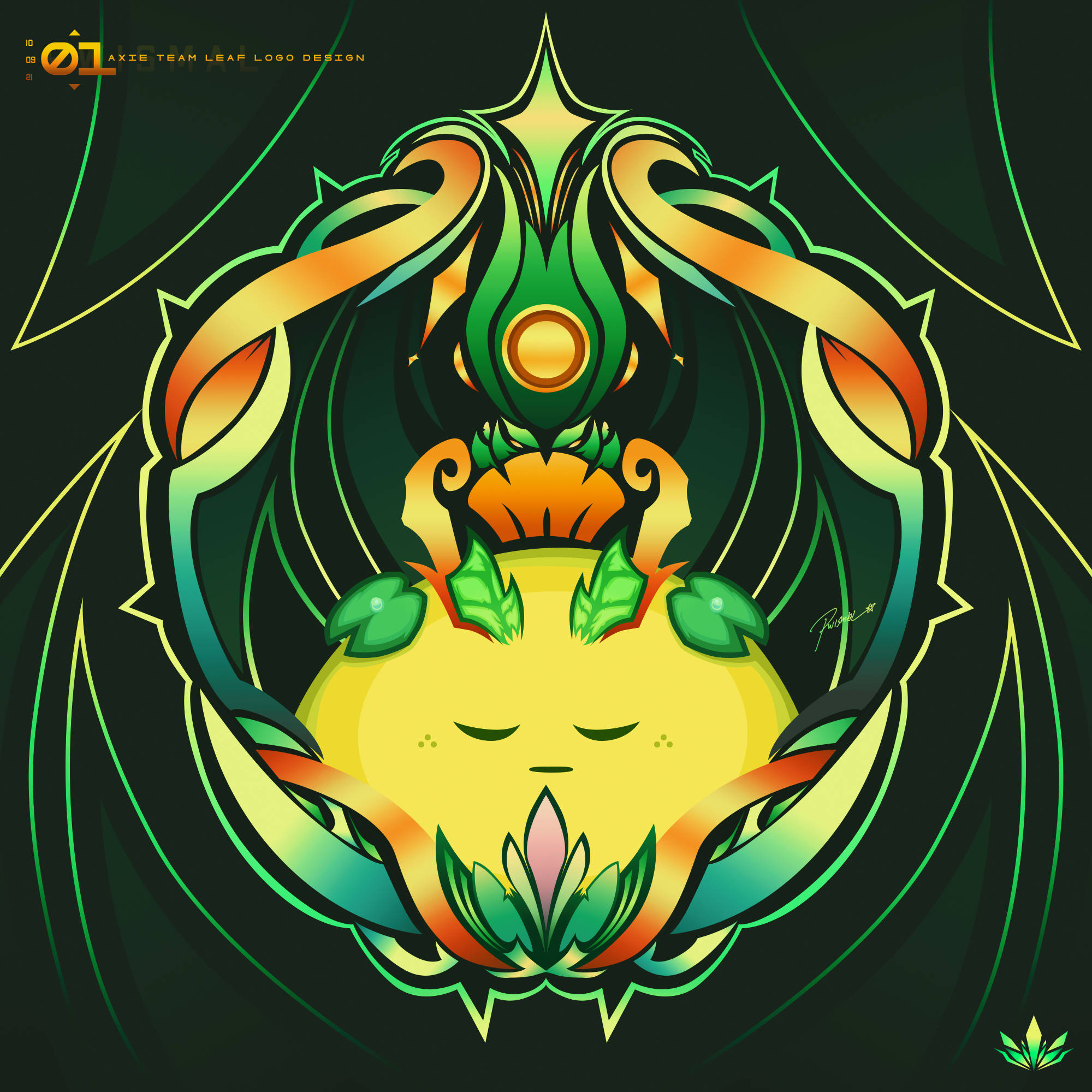 Axie Infinity 魔獸數位藝術 壁紙 — 一個風格化的黃色Axie角色，閉著眼睛，帶有綠色葉狀裝飾，由華麗的綠色和橙色部落圖案框住，背景為深色。