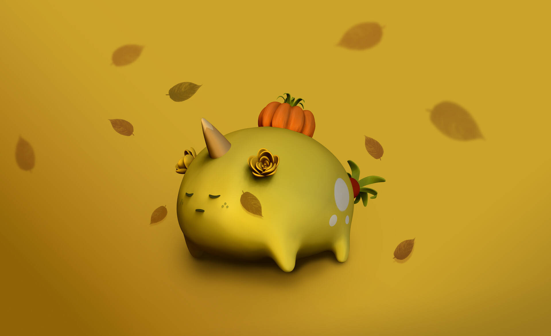 Axie Infinity植物角色 壁紙 — 一個可愛的黃色3D渲染生物閉著眼睛，在金色背景下，秋葉和南瓜漂浮在周圍，靜靜地休息。