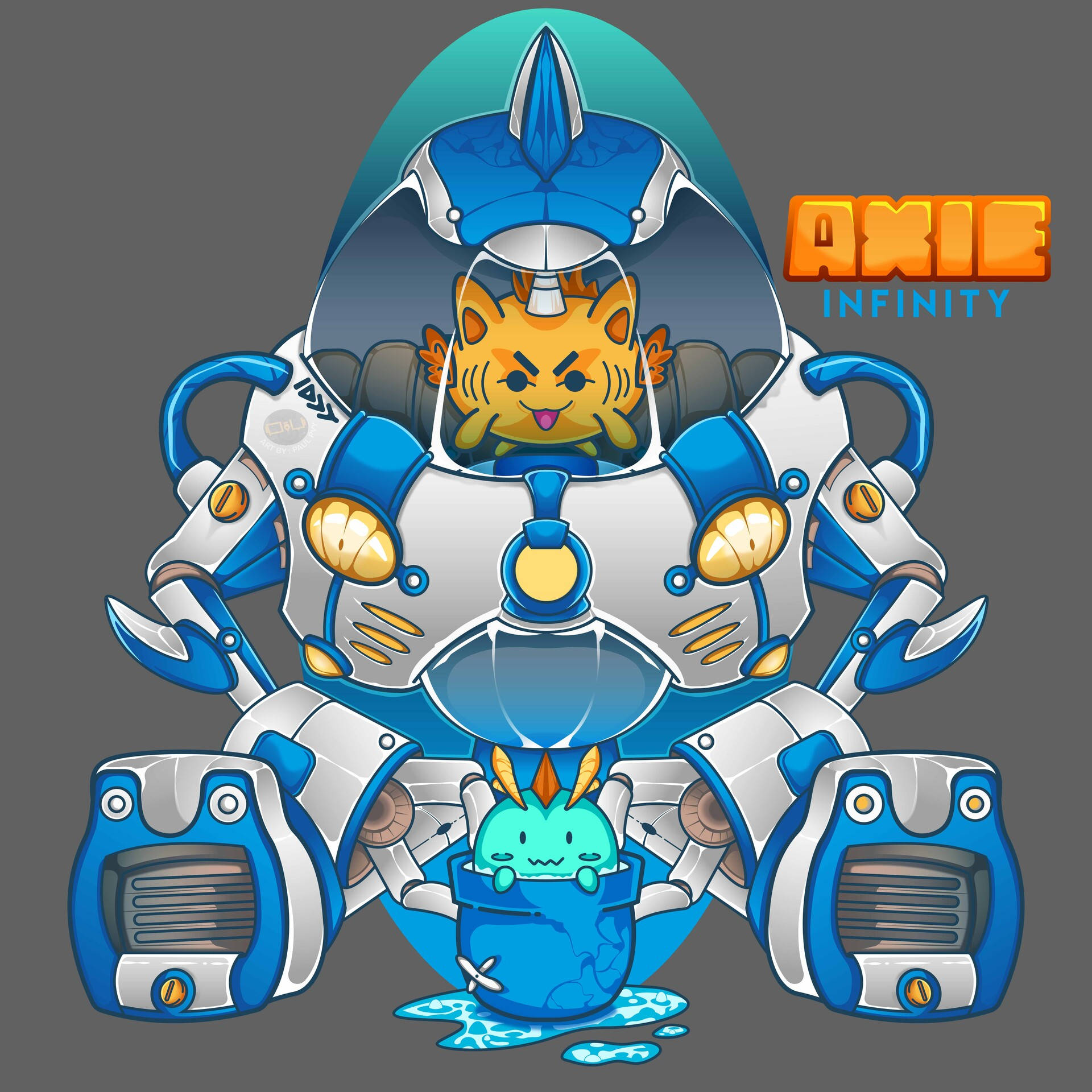Axie Infinity機械戰士藝術 壁紙 — 一個卡通 axie 穿著藍色和銀色的機甲套裝，表情暴躁，下面有一個小藍色 axie 在桶裡。