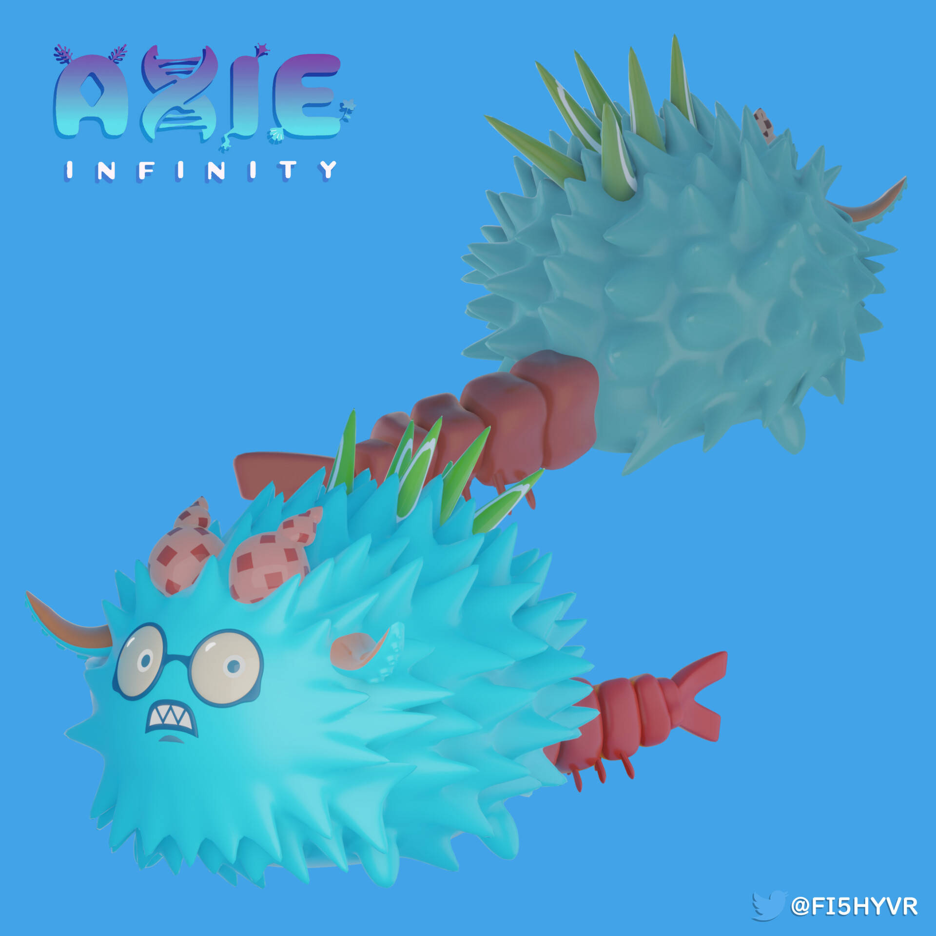 Axie Infinity水系蝦 壁紙 — 兩隻帶有眼鏡和紅色四肢的藍色尖刺Axie Infinity生物在純藍色背景上漂浮。