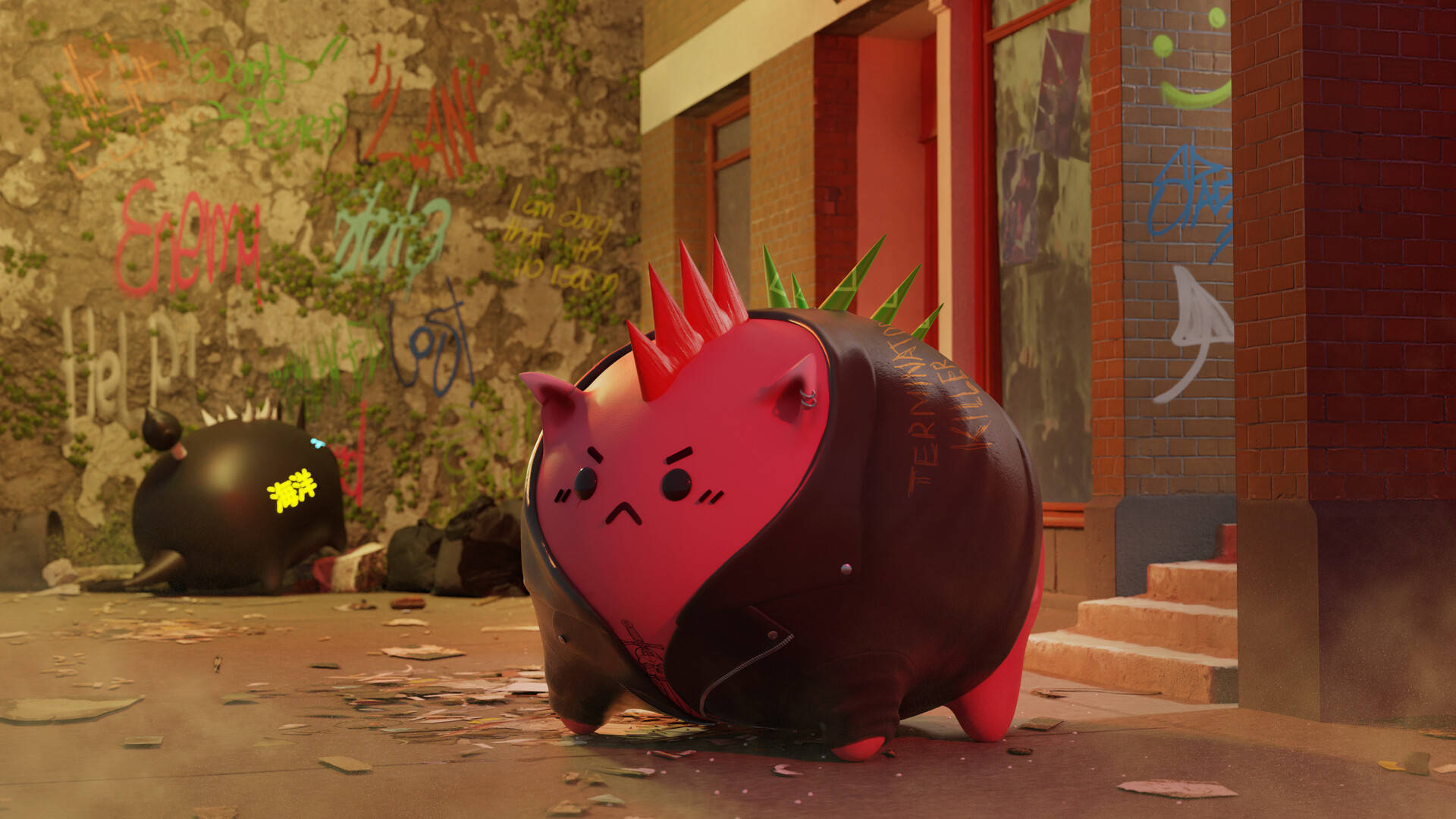 Axie Infinity爬蟲類終結者 壁紙 — 一隻粉紅色有刺的卡通豬穿著皮夾克，在黃昏時分挑釁地站在塗鴉覆蓋的城市小巷中。
