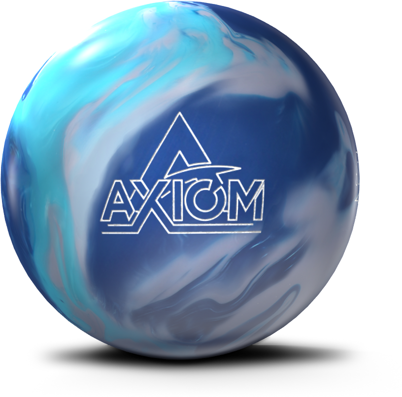 AXIOM藍白漩渦保齡球 壁紙 — 一個帶有 'AXIOM' 標誌的光澤藍白大理石紋保齡球，背景為黑色。