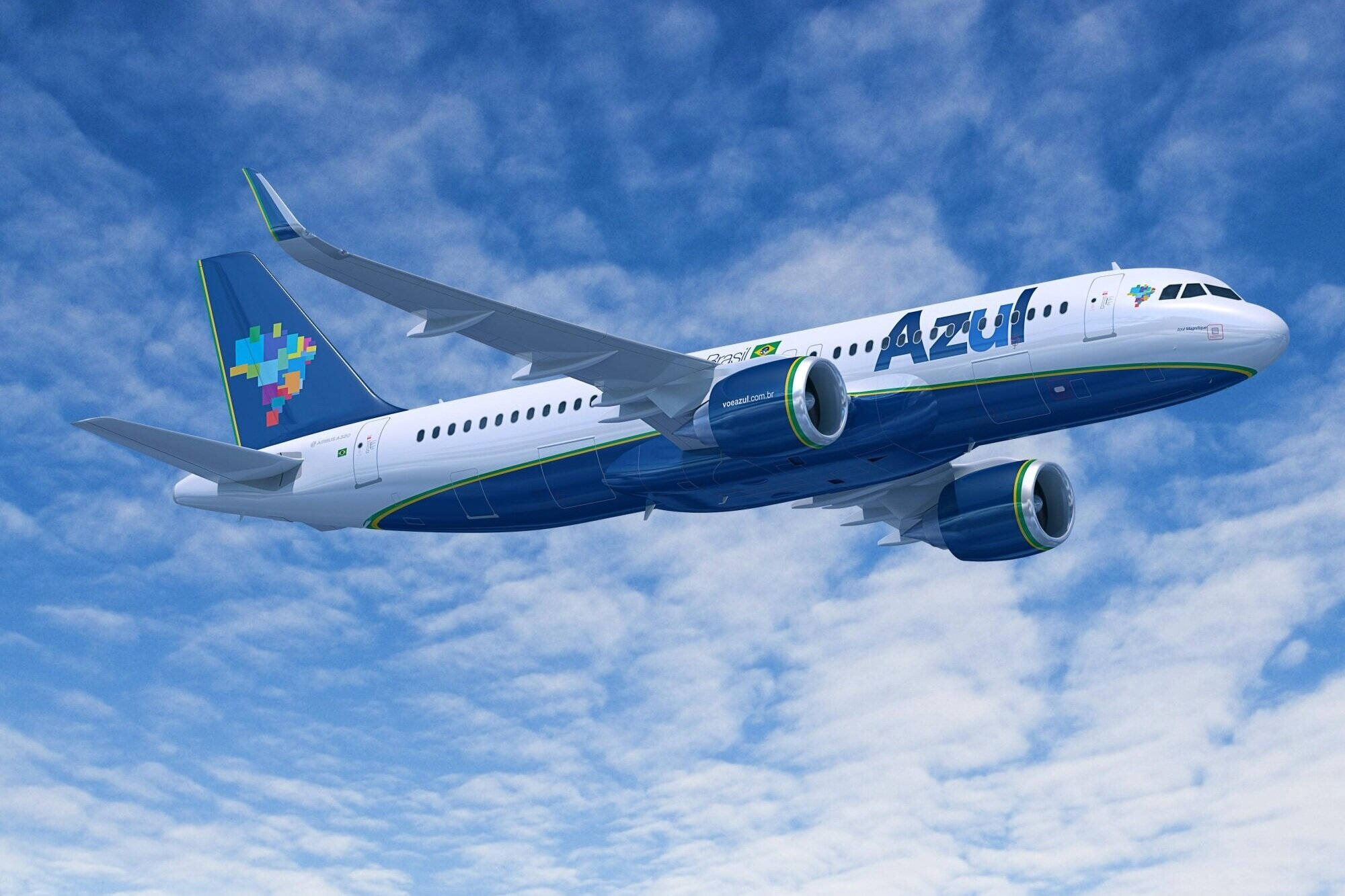 Azul 航空公司飛越明亮雲層 壁紙 — 一架時尚的Azul Airlines飛機優雅地翱翔在點綴著蓬鬆白雲的鮮豔藍天中。