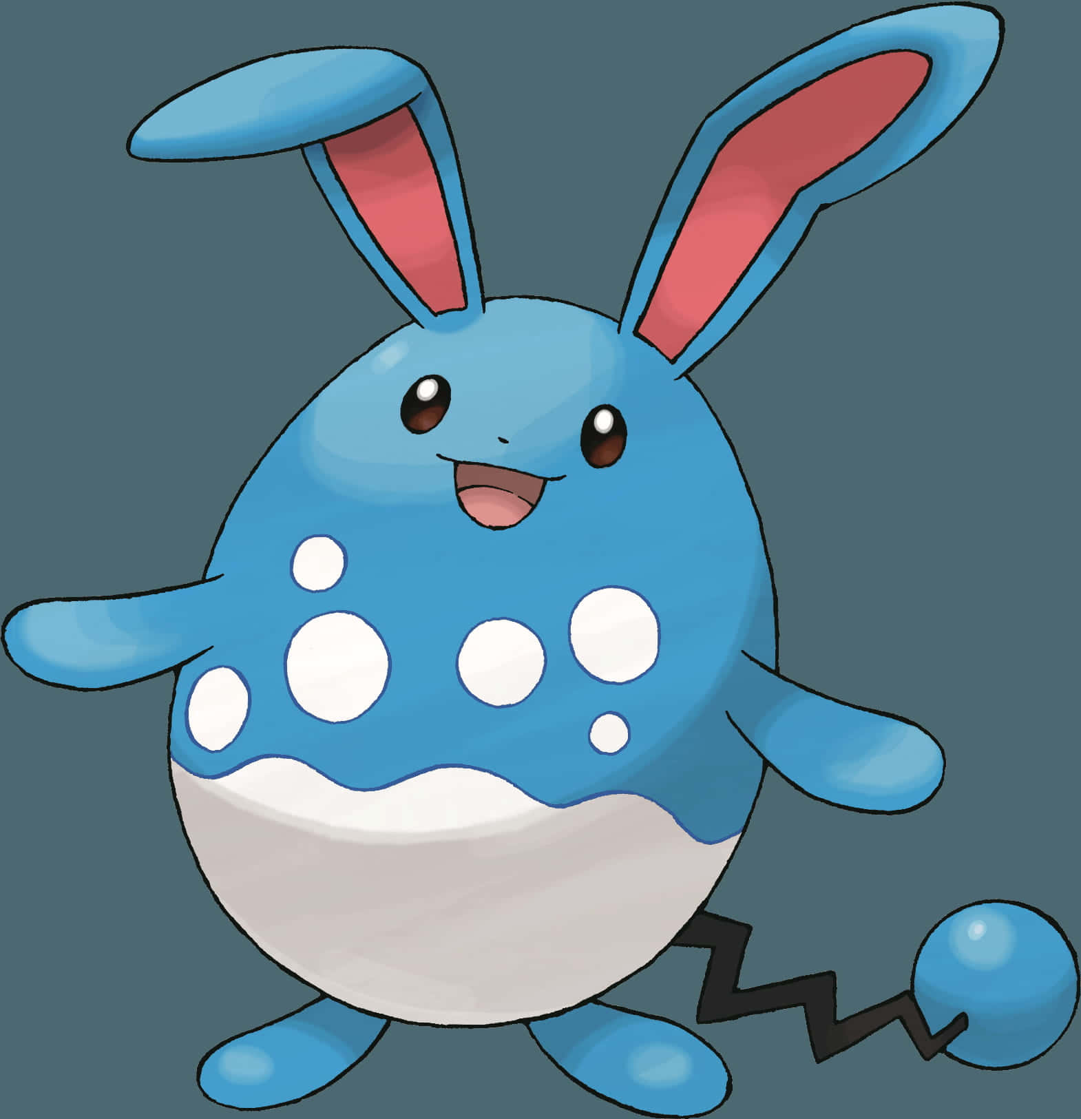 Azumarill 深青色背景 壁紙 — 一隻開心嘅藍色兔仔狀寵物小精靈，有白色斑點同閃電尾巴，喺灰色背景前微笑。