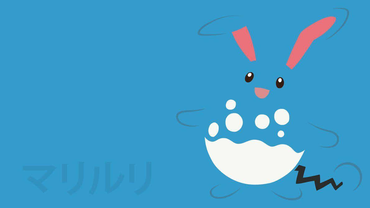 Azumarill 日文平假名 壁紙 — 一隻可愛的藍色卡通兔子，有粉紅色耳朵和白色斑點，在純藍色背景上快樂地跳躍。