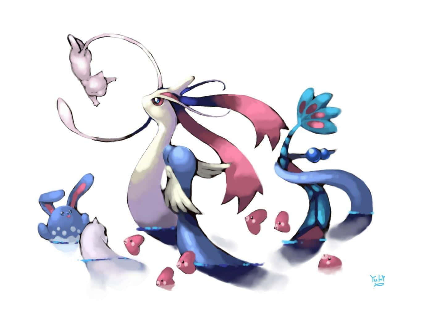 Azumarill 與 Mienshao 壁紙 — 一幅異想天開的動漫風格插圖，中央有一隻藍色和粉紅色的鳥類小精靈，周圍環繞著較小的小精靈和漂浮的粉紅色心形，背景為純白色。