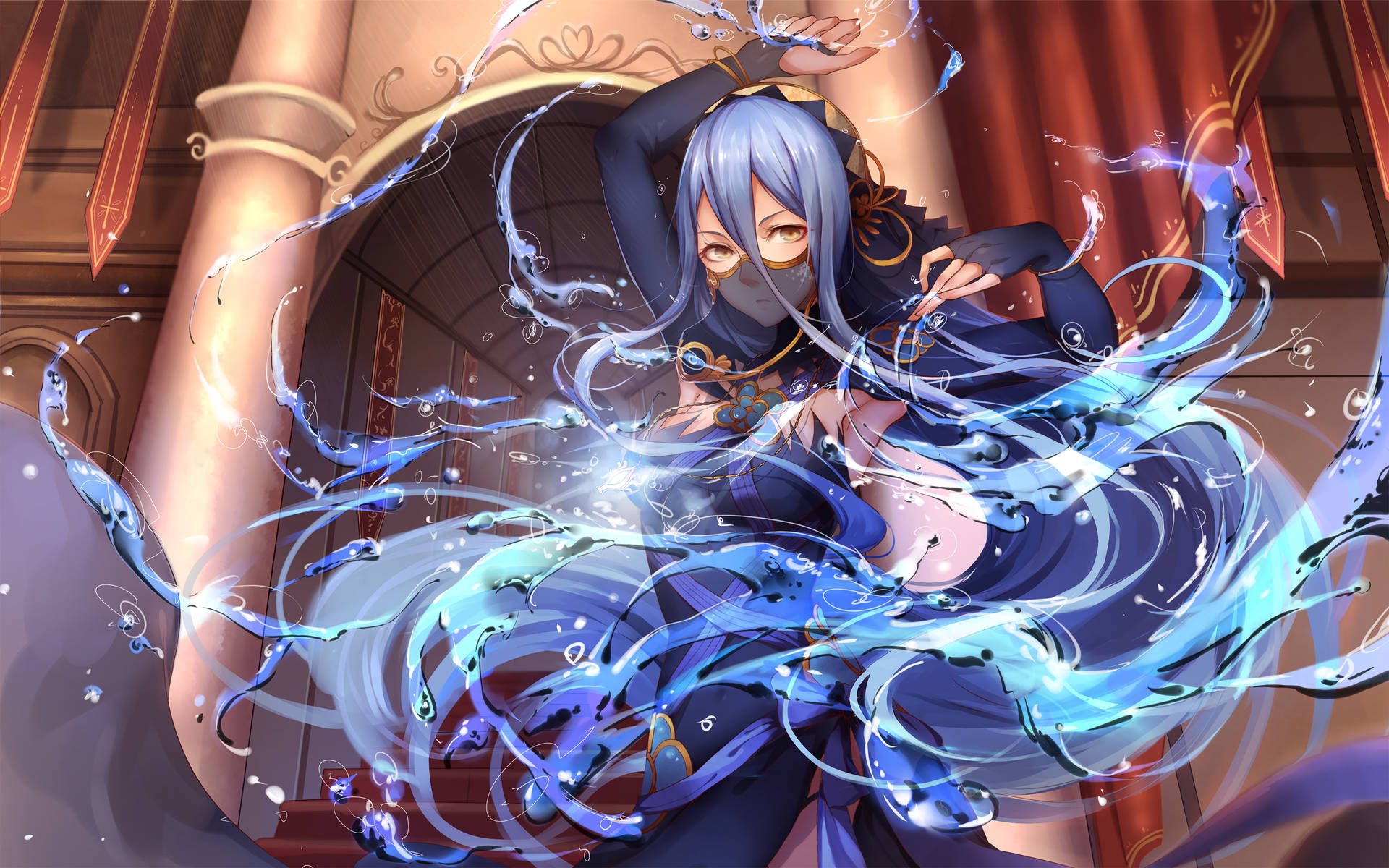 藍髮動漫女孩在室內召喚發光的水魔法。