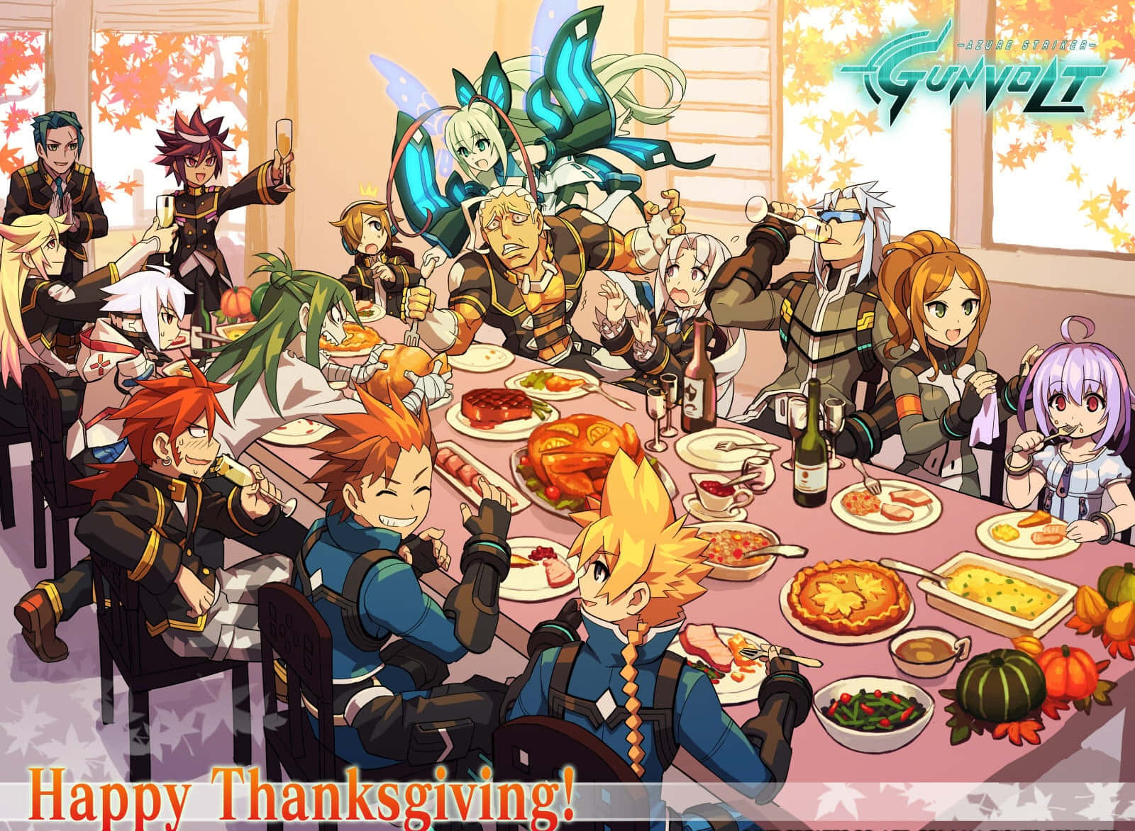 《Azure Striker Gunvolt》動畫感恩節 壁紙 — 動漫角色圍繞著一張充滿火雞派和秋季裝飾的感恩節餐桌。