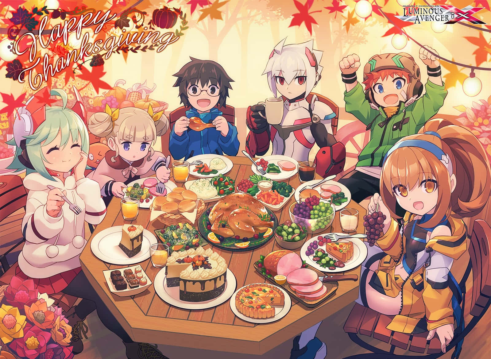 《Azure Striker Gunvolt》動畫感恩節 壁紙 — 動漫角色在串燈下圍繞著擺滿火雞蛋糕和秋葉的桌子慶祝感恩節。