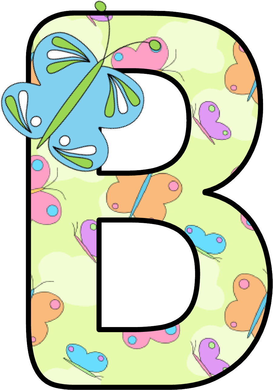 裝飾蝴蝶圖案字母 B 壁紙 — 一個大的黑色字母B，白色輪廓，淺綠色背景上有彩色卡通蝴蝶，柔和色調。