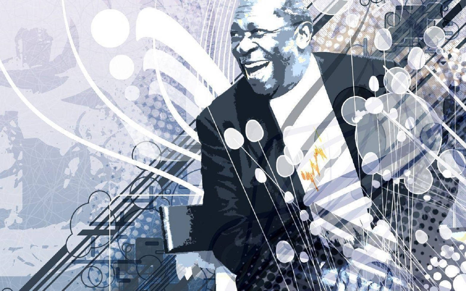 B.B. King 向量藝術圖像 壁紙 — 一個風格化的肖像，描繪一位微笑的西裝男士，被抽象的白色線條和圓形圖案環繞，背景為藍色紋理。