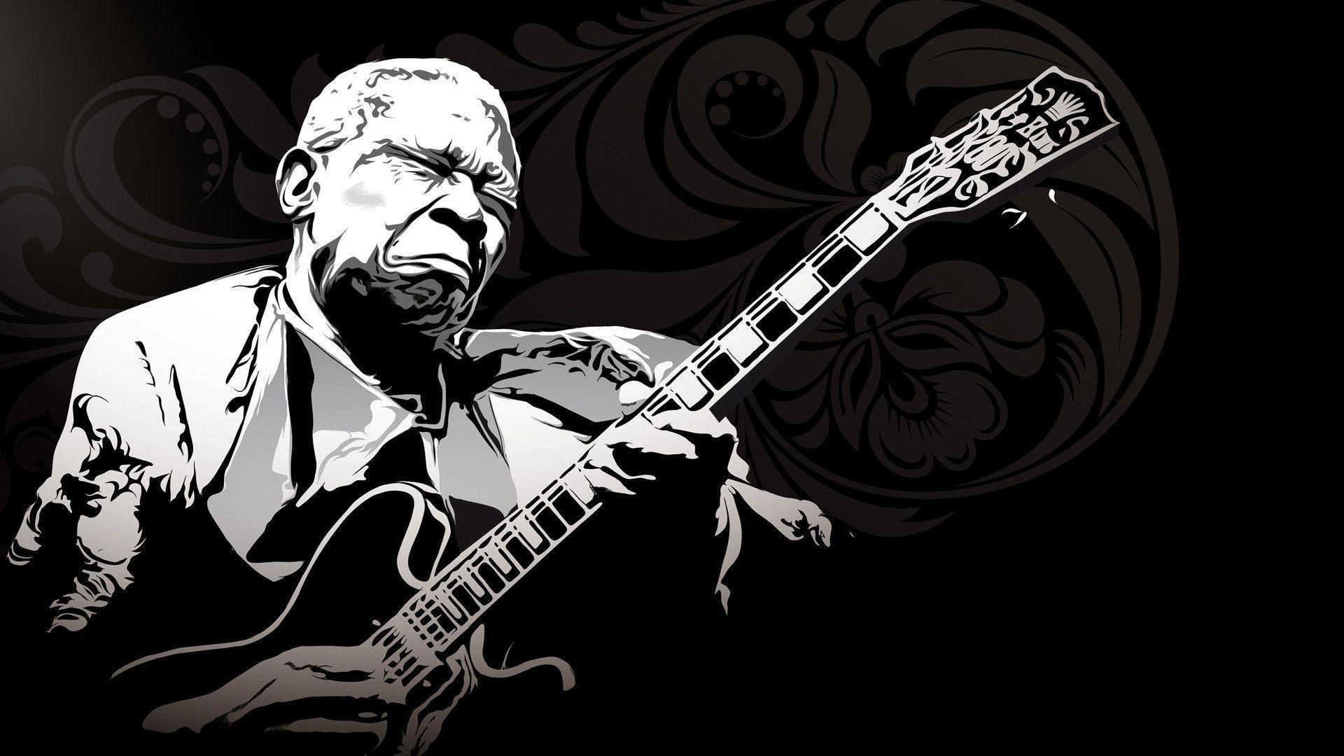 B.B. King黑白向量藝術壁紙 壁紙 — 一幅風格化的黑白插圖，描繪一位充滿熱情的結他手，背景有華麗的花卉圖案。