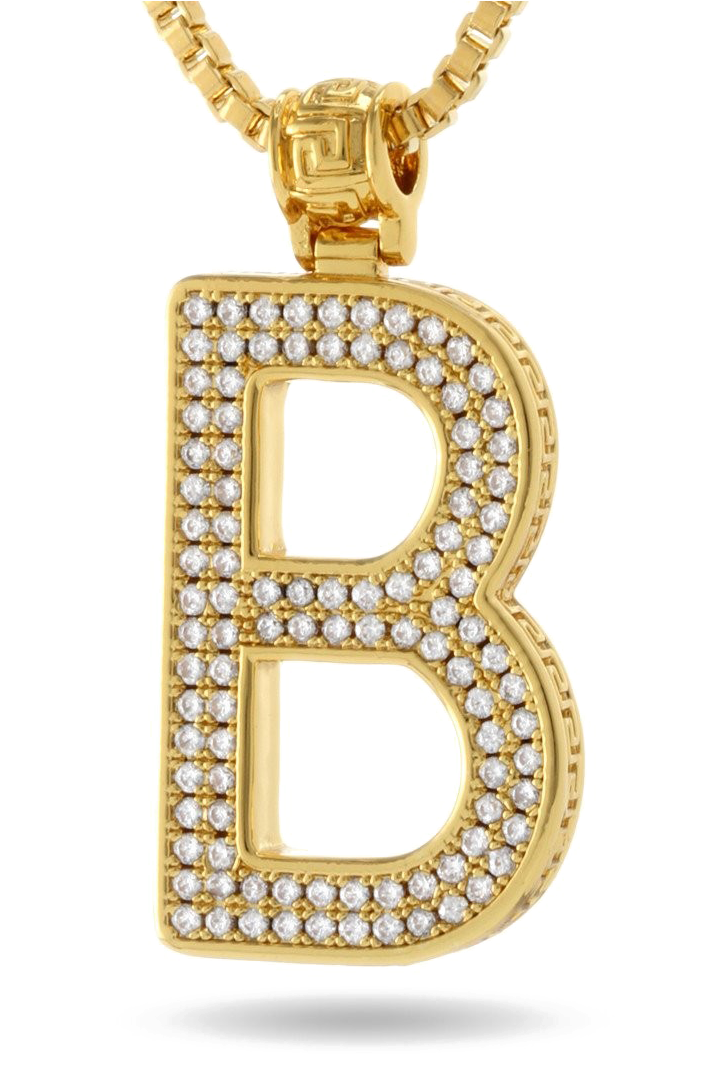 鑲鑽金屬字母B吊墜 壁紙 — 一個鑲滿鑽石的金色字母B吊墜，掛在一條相配的鏈條上，背景為黑色。