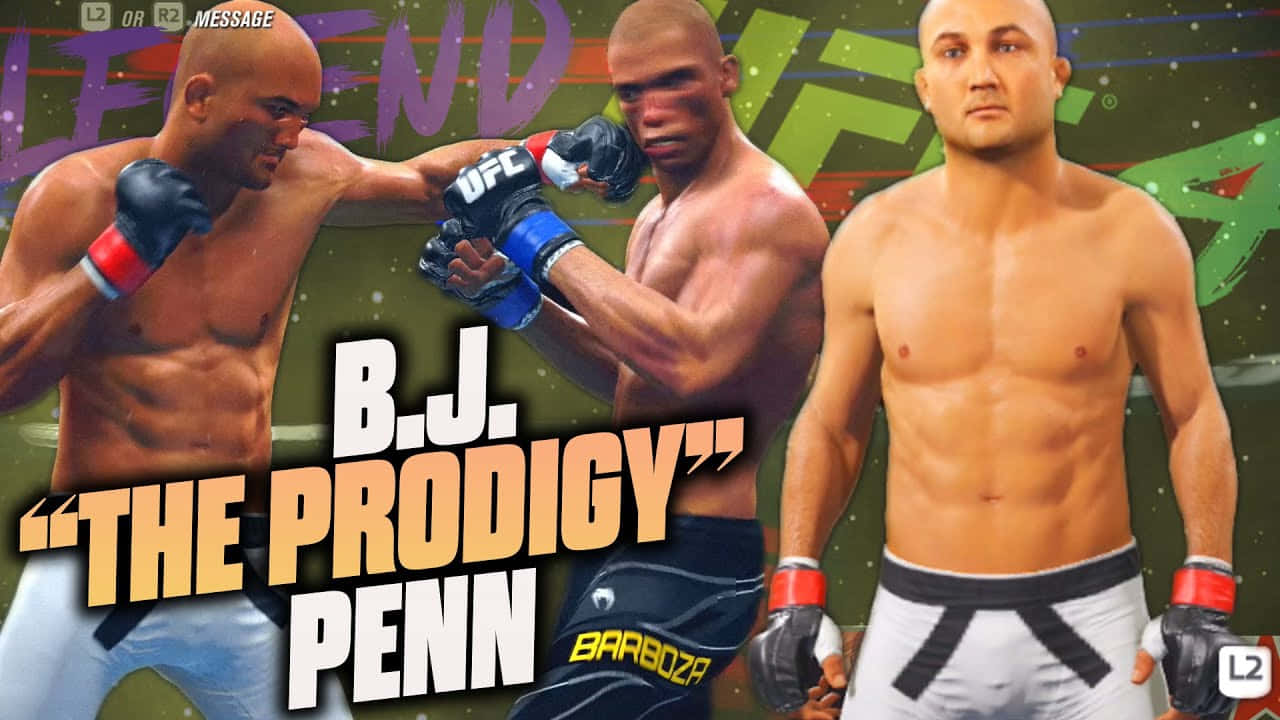 B.J. 彭恩3D UFC海報 壁紙 — 三名肌肉發達的MMA拳手以戰鬥姿勢呈現，配有粗體圖形文字和遊戲控制器提示。