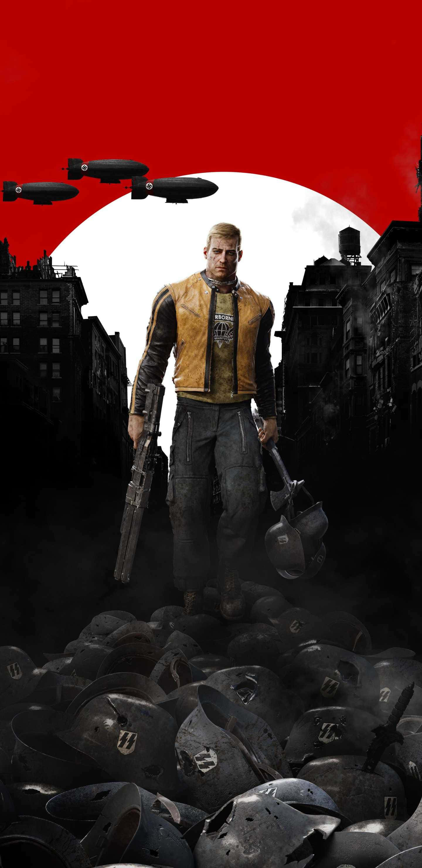 B.J. Blazkowicz 遊戲海報 Pixel 3XL Wolfenstein II 背景 壁紙 — 一名嚴肅的士兵站在一堆敵人頭盔上，身處廢墟城市，天空紅色，飛船飛翔。