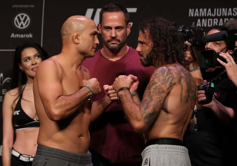 兩名男性MMA拳手在賽前對峙中鎖住拳頭，周圍有攝像機。