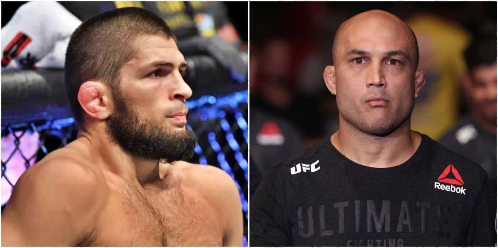 兩名男性MMA拳手，一名在八角籠圍欄附近赤裸上身，另一名穿著UFC Reebok T恤