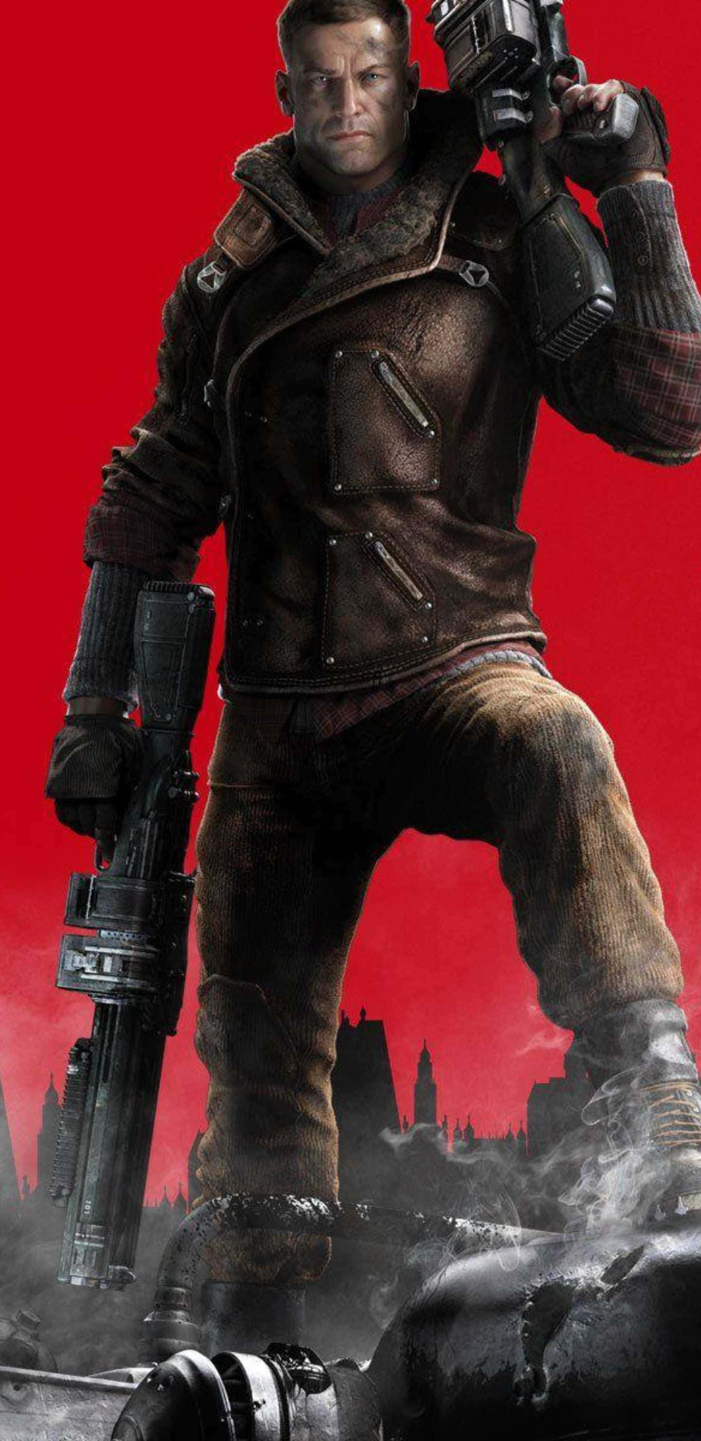 B.J. 手持雙槍 Pixel 3XL Wolfenstein II 背景 壁紙 — 一個身穿棕色皮褸的粗獷士兵，在煙霧瀰漫的廢墟城市景觀背景下，手持重型武器，背景是鮮紅色。