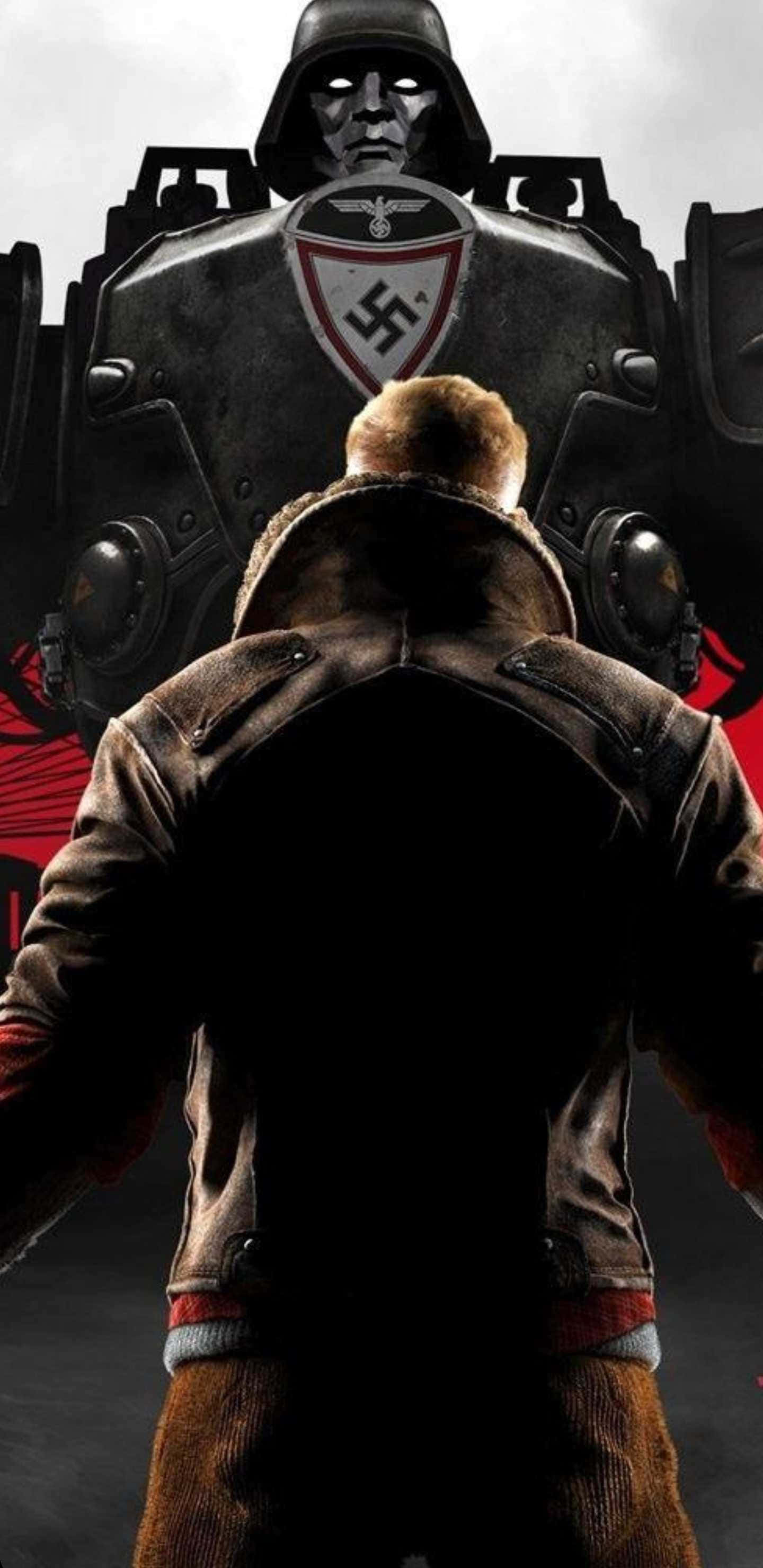B.J. 面對巨型機械人 Pixel 3XL Wolfenstein II 背景 壁紙 — 一名身穿毛領外套的孤獨士兵，在陰沉灰暗的天空下，面對一座高聳的裝甲納粹戰爭機器。