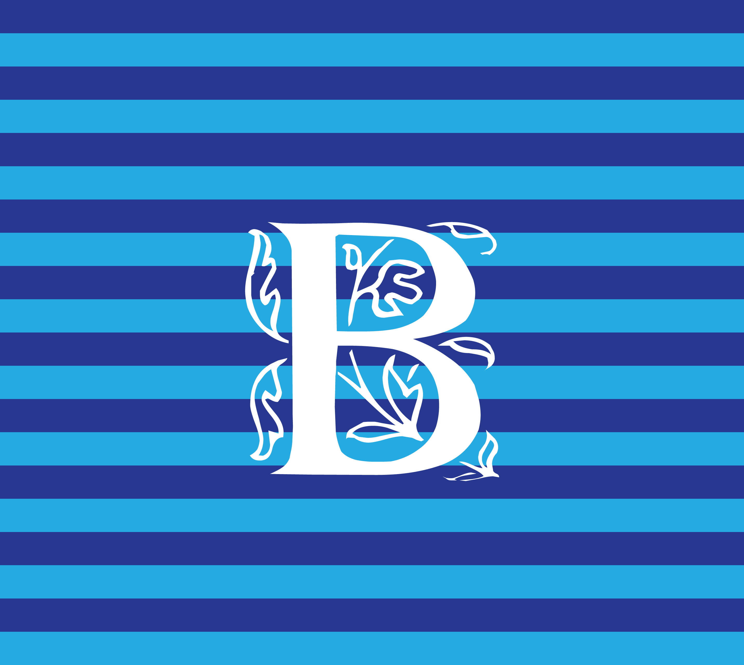 條紋字母B 壁紙 — 一個白色華麗字母B，帶有葉狀花飾，居中於交替的藍色和藍綠色水平條紋上。