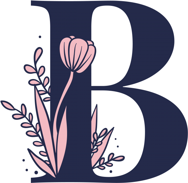 花卉裝飾字母B插圖 壁紙 — 一個風格化的深藍色字母B，飾以精緻的粉紅色鬱金香和葉子，採用極簡主義插圖。