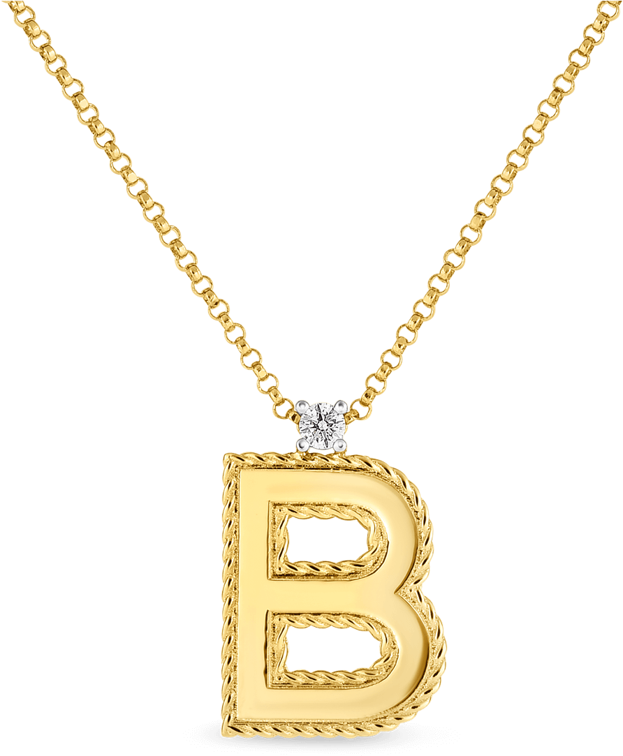 金色字母B項鍊吊墜 壁紙 — 一條金項鍊，帶有繩邊字母B吊墜和鑽石點綴，背景為黑色。
