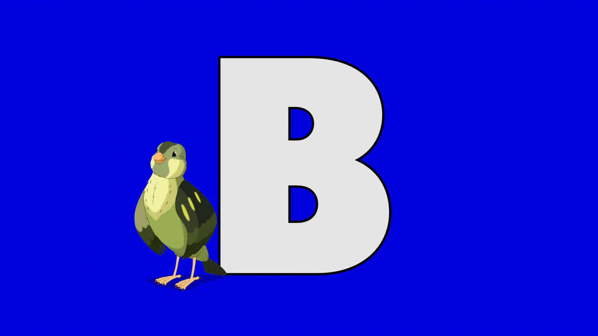字母B與可愛鳥兒 壁紙 — 一隻卡通鳥站在一個大的白色字母B旁邊，背景是純藍色。