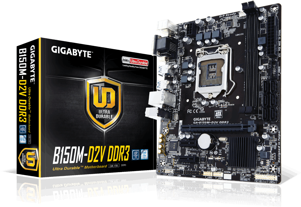 技嘉 B150M-D2V DDR3 主機板 壁紙 — 一塊黑色Gigabyte B150M-D2V DDR3主機板展示在其零售盒旁邊，表面具有反射效果。