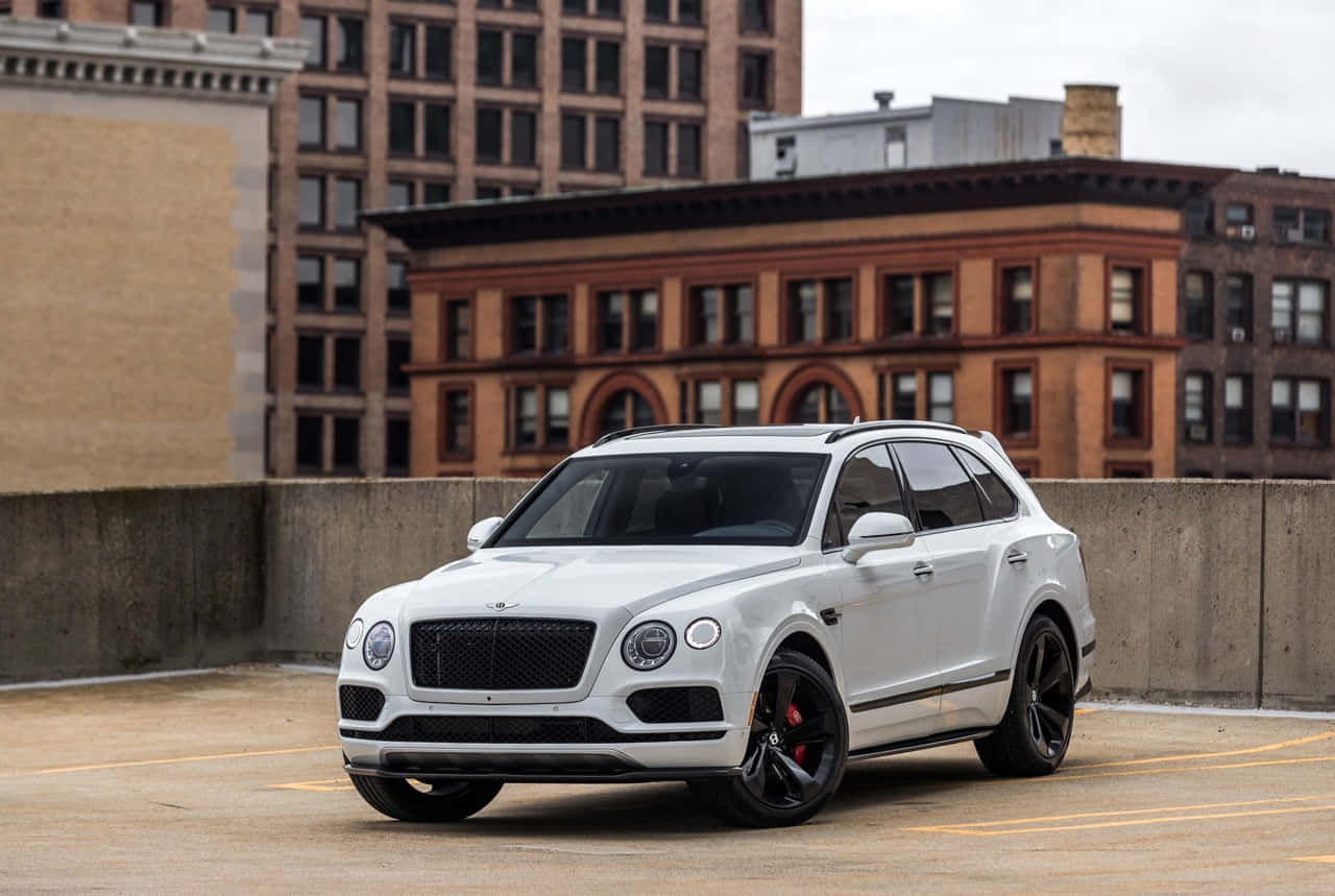 Bentley Bentayga 桌布 壁紙 — 一輛純白色的賓利Bentayga SUV，配備黑色輪圈，停泊在屋頂停車場，背景是磚砌建築，天空多雲。