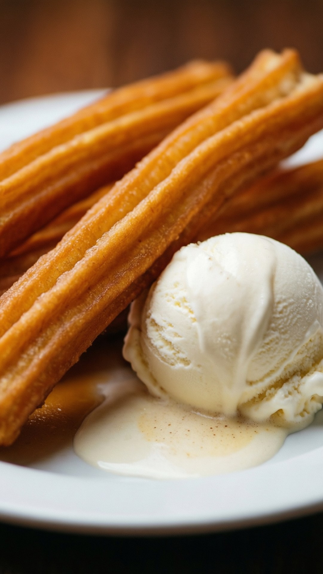 Churros 桌布 壁紙 — 白色碟上嘅金色油條配一球雲呢拿雪糕同焦糖醬。