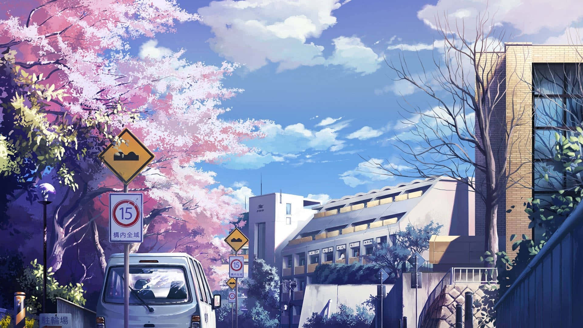 School Aesthetic 桌布 壁紙 — 一輛白色客貨車在盛開的粉紅色櫻花樹下行駛，旁邊是現代建築，上方是藍天白雲。
