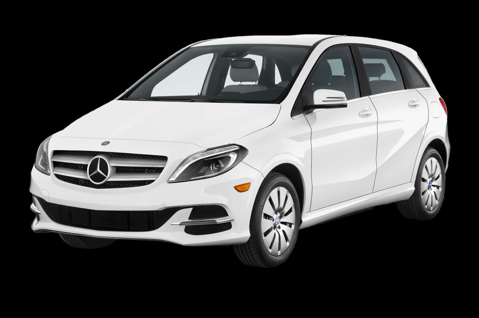 Mercedes Benz B-class 桌布 壁紙 — 一輛純白色的梅賽德斯-奔馳B級旅行車在銳利的黑色背景和強烈燈光下展示。
