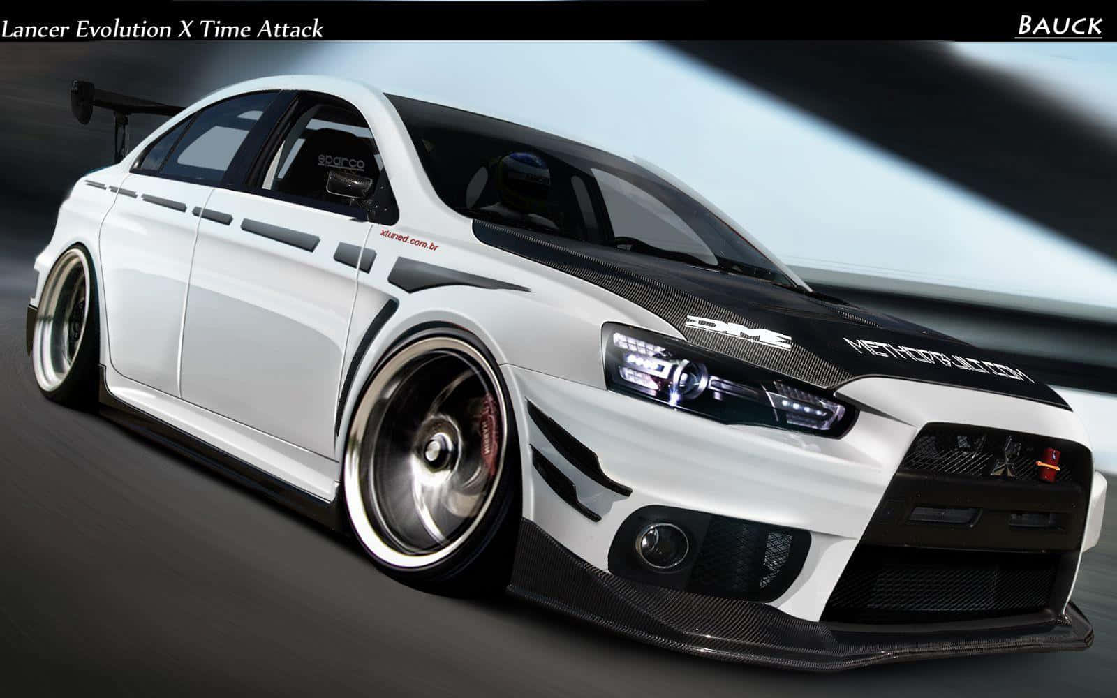 Mitsubishi Lancer Evolution 桌布 壁紙 — 一輛白色三菱Lancer Evolution X，帶有黑色碳纖維飾邊和定制輪圈，在模糊的隧道狀背景中疾馳。