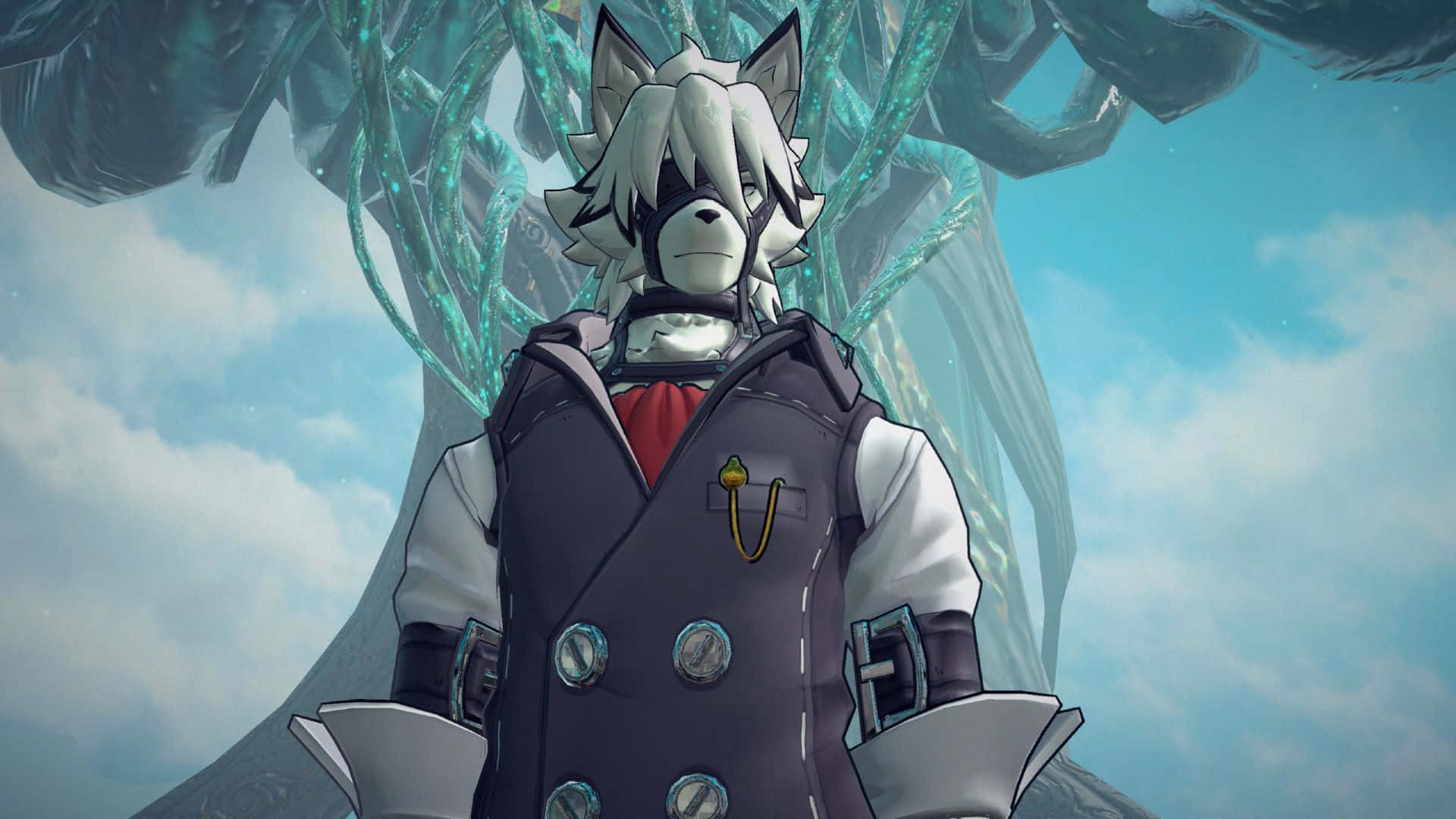  壁紙 — 一隻白色毛皮擬人化的狼，穿著細節豐富的深色背心，站在巨大的青綠色水晶結構前，背景是明亮的藍天。