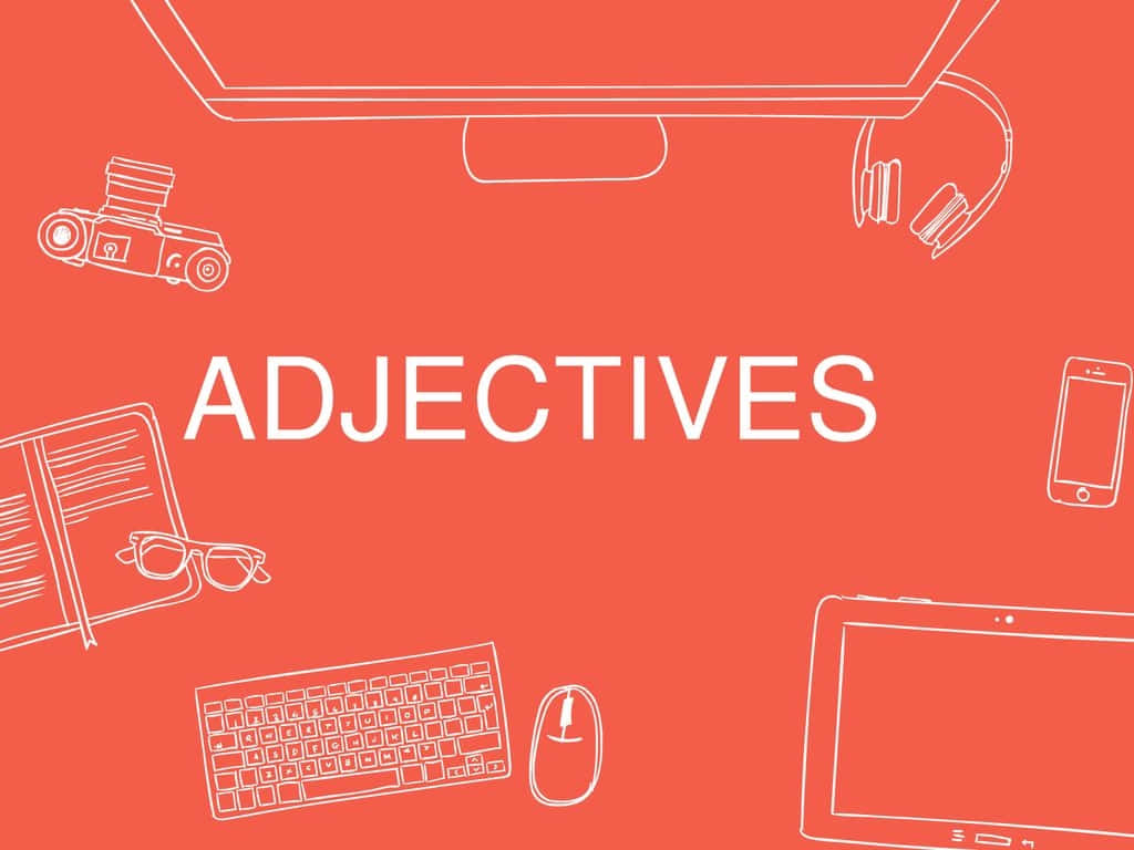  壁紙 — 白色線條圖示的科技小工具圍繞著珊瑚色純色背景上的ADJECTIVES一詞。
