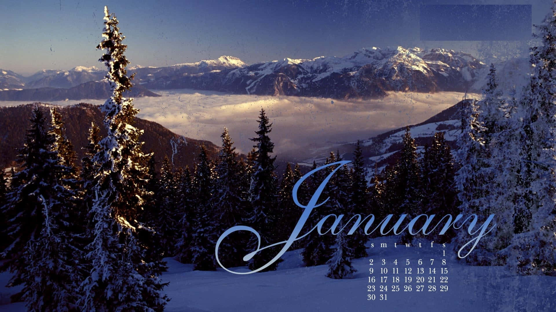 1月日曆在白雪覆蓋的山景上，有常綠樹。