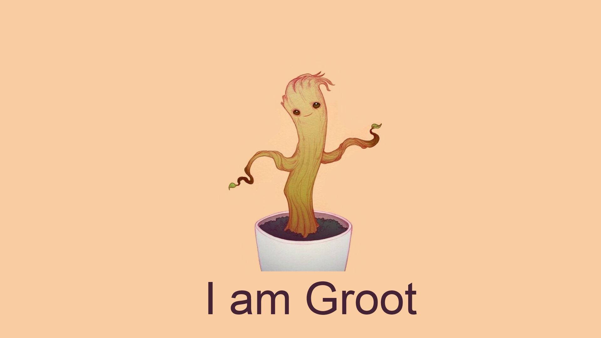 Baby Groot 可愛插畫 壁紙 — 一個快樂的卡通樹角色，有樹枝手臂和微笑的臉，坐在一個白色花盆裡，背景是柔和的桃色。