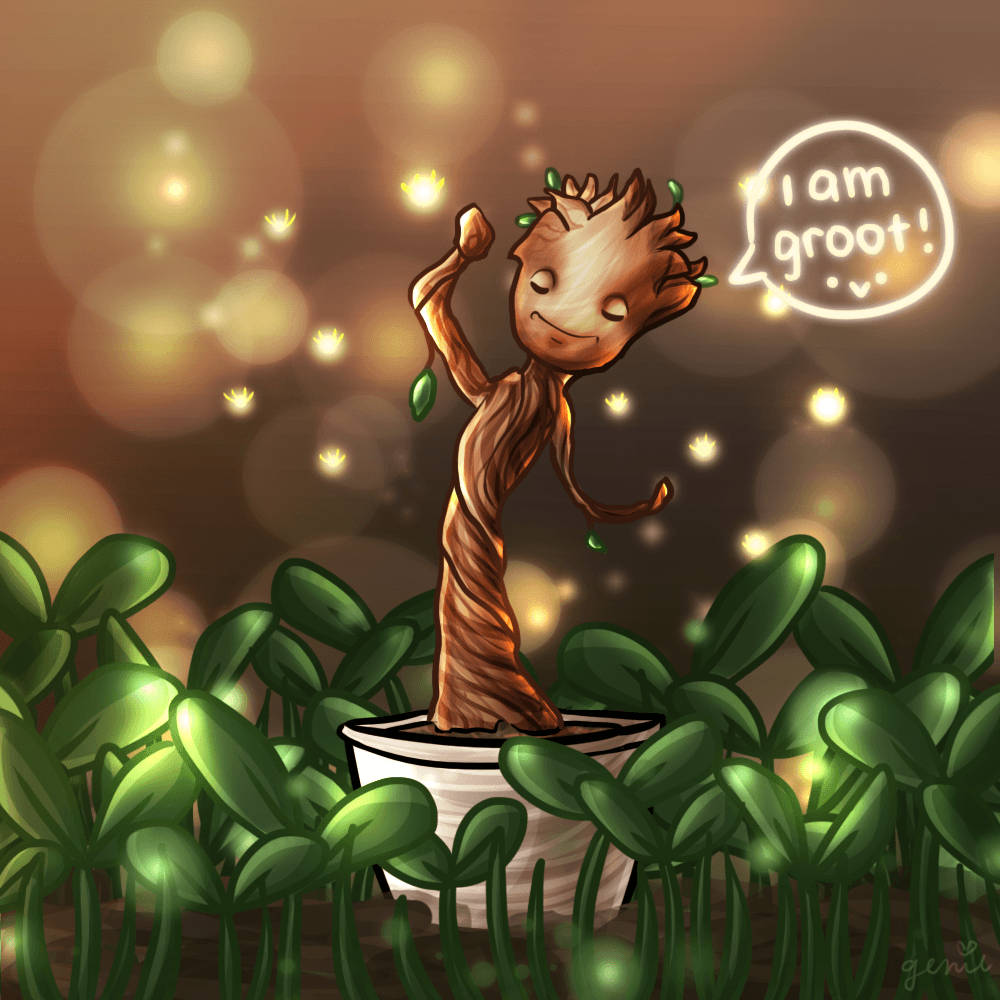 Baby Groot 我是 Groot 壁紙 — 一個開心的卡通格魯特站在白色花盆中，周圍是發光的綠色植物，背景是溫暖的散景天空。