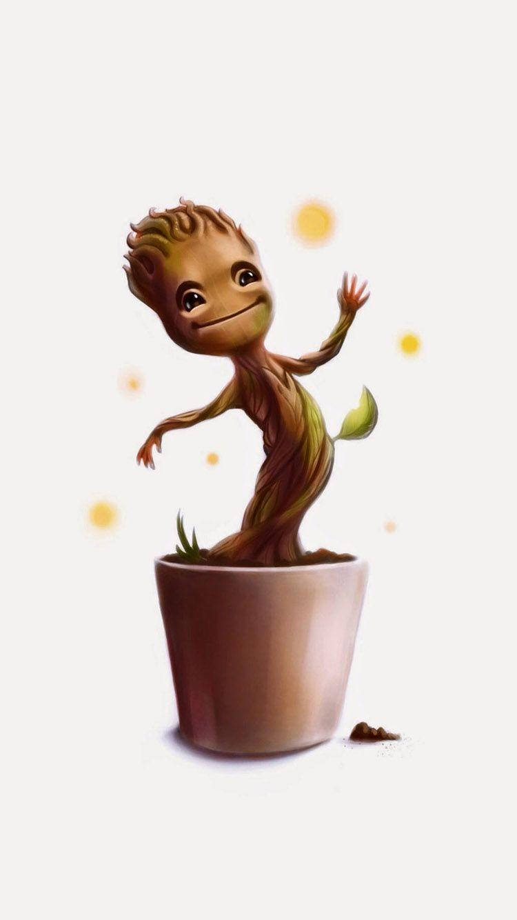 Baby Groot 白色背景 壁紙 — 一個開心的BB格魯特從一個赤陶花盆中冒出，周圍漂浮著發光的球體。