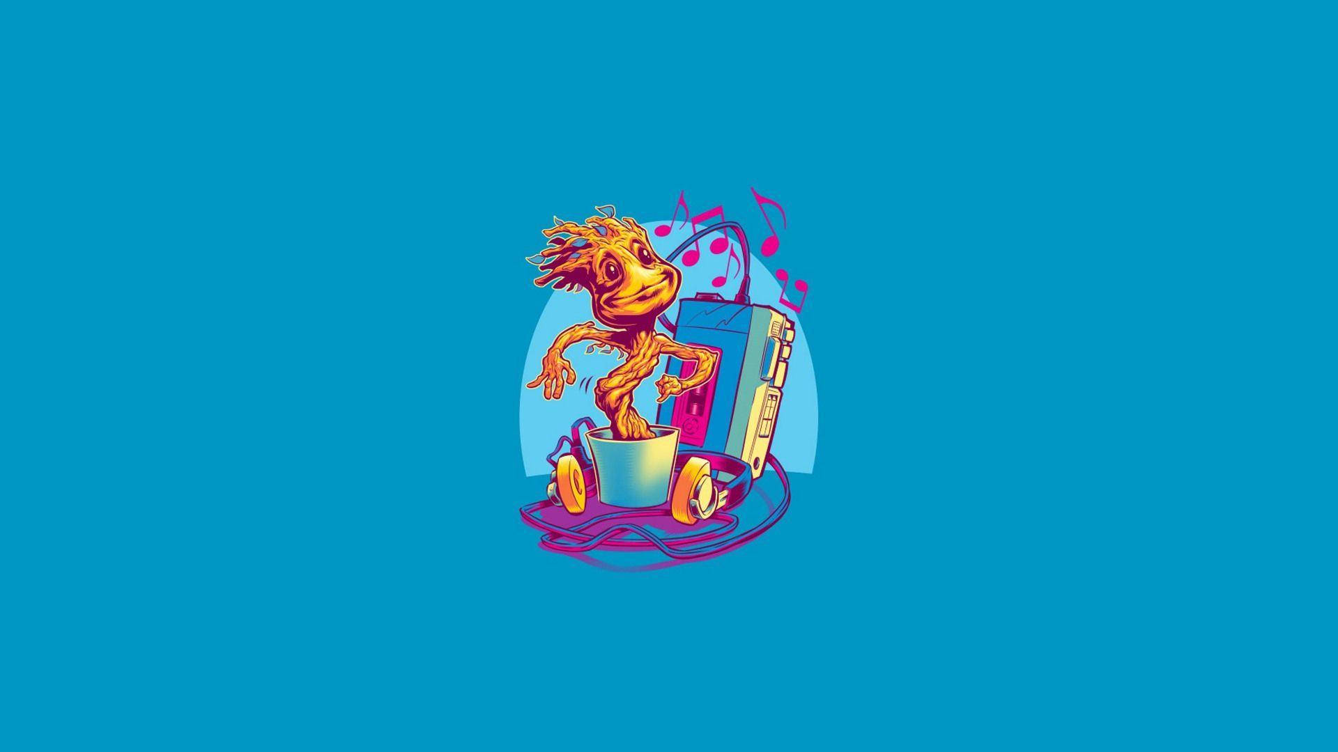 Baby Groot 磁帶播放機 壁紙 — 一個卡通風格的格魯特角色在一個音響上快樂地跳舞，周圍漂浮著音符，背景是純青色。